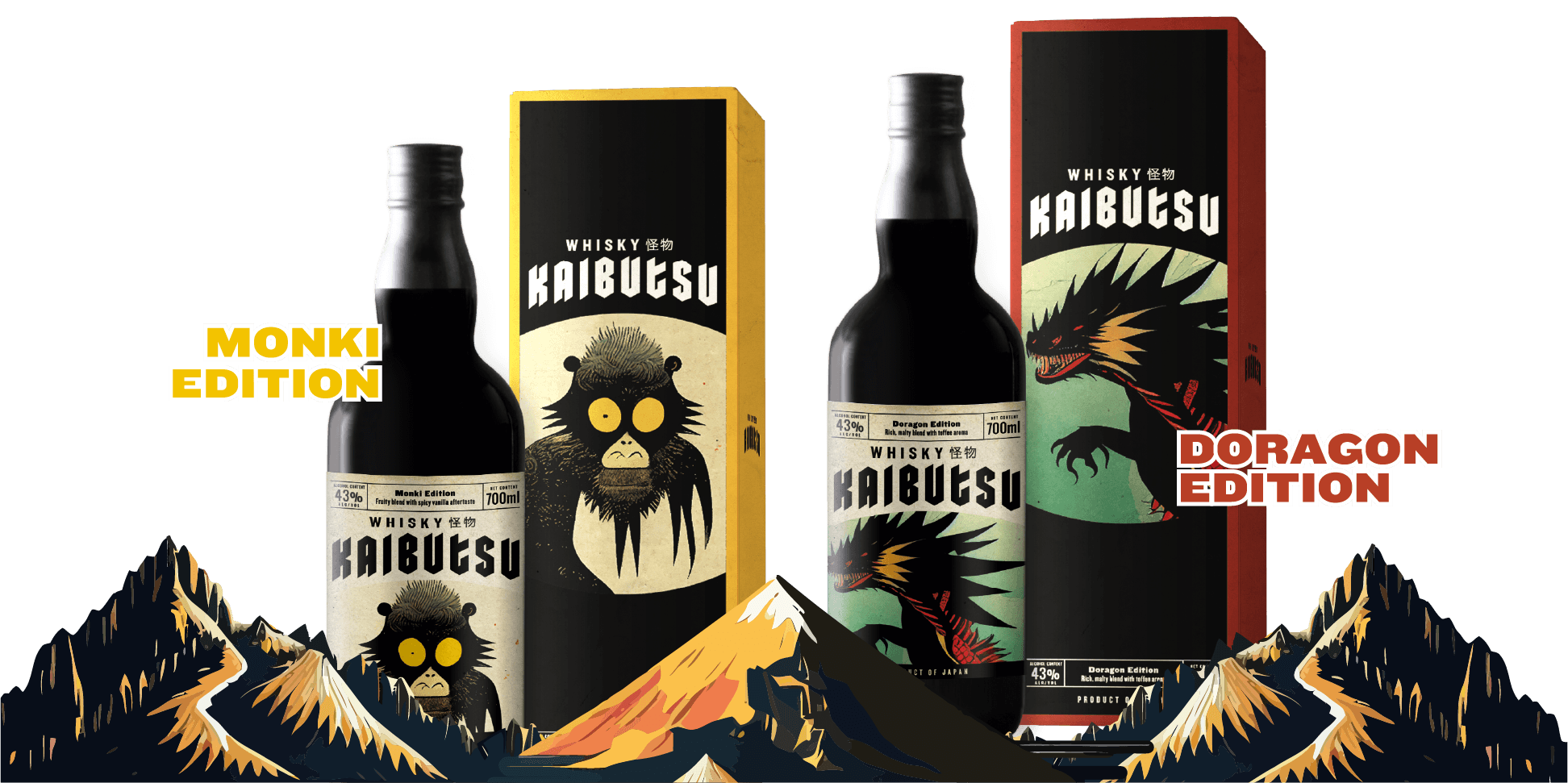 Two bottles of Kaibu UC whisky, one Monki Edition and one Doragon Edition, with respective packaging boxes, placed in front of a mountain landscape illustration.
