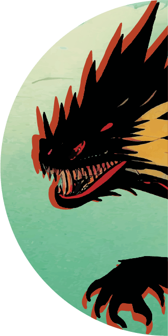 Illustration of Godzilla with spiky fins and sharp teeth.
