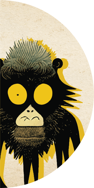 Stylized illustration of a black monkey with large yellow eyes, yellow and green hair, and a sad expression on a beige background.