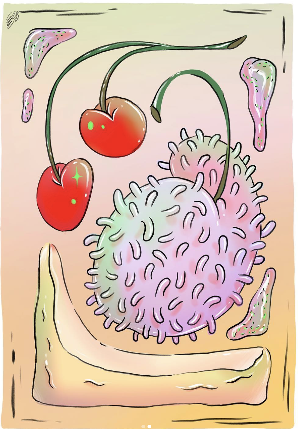A colorful illustration of a durian fruit with cherries and vines hanging above, set on a wooden surface with peeled pieces of durian fruit nearby.