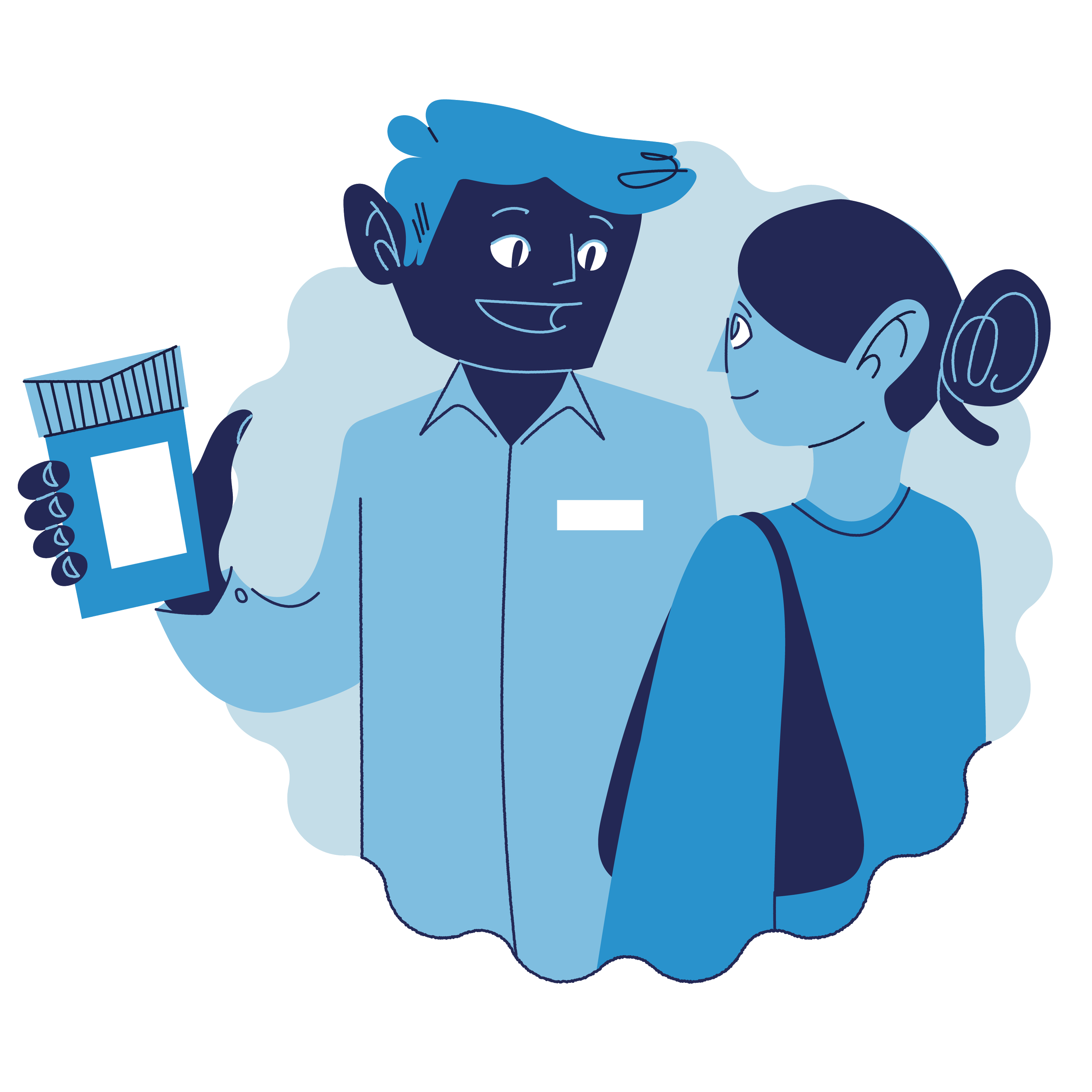 A male healthcare provider talking to a female patient, holding a bottle of medication.