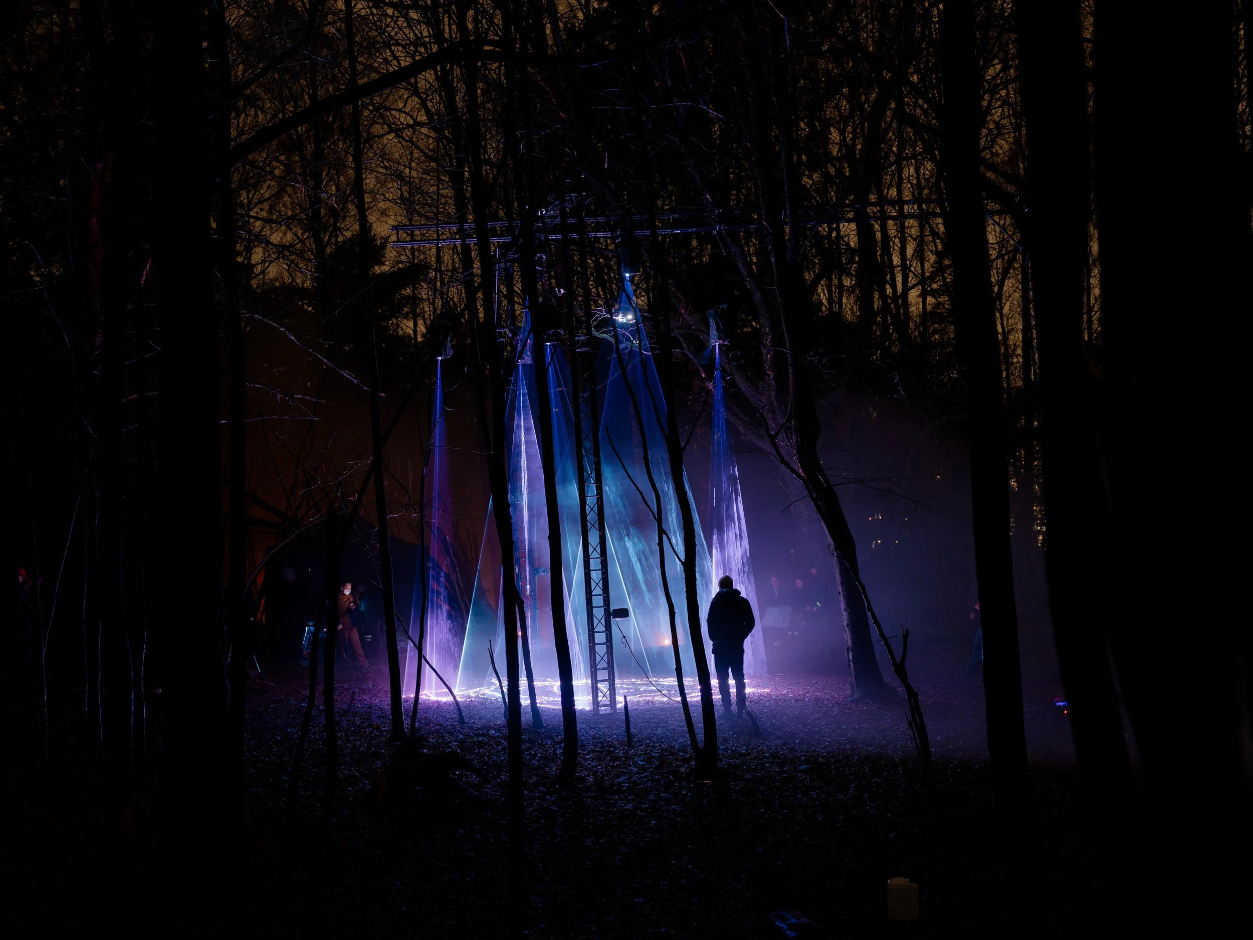 A person stands in a dark forest at night, illuminated by colorful purple, blue, and white light projections on tall structures, with leafless trees surrounding them.
