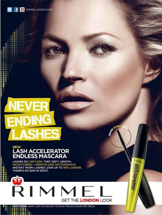 Close-up of a woman with long eyelashes and intense gaze featuring an advertisement for Rimmel Lash Accelerator Endless mascara, highlighting the product's benefits for longer lashes.