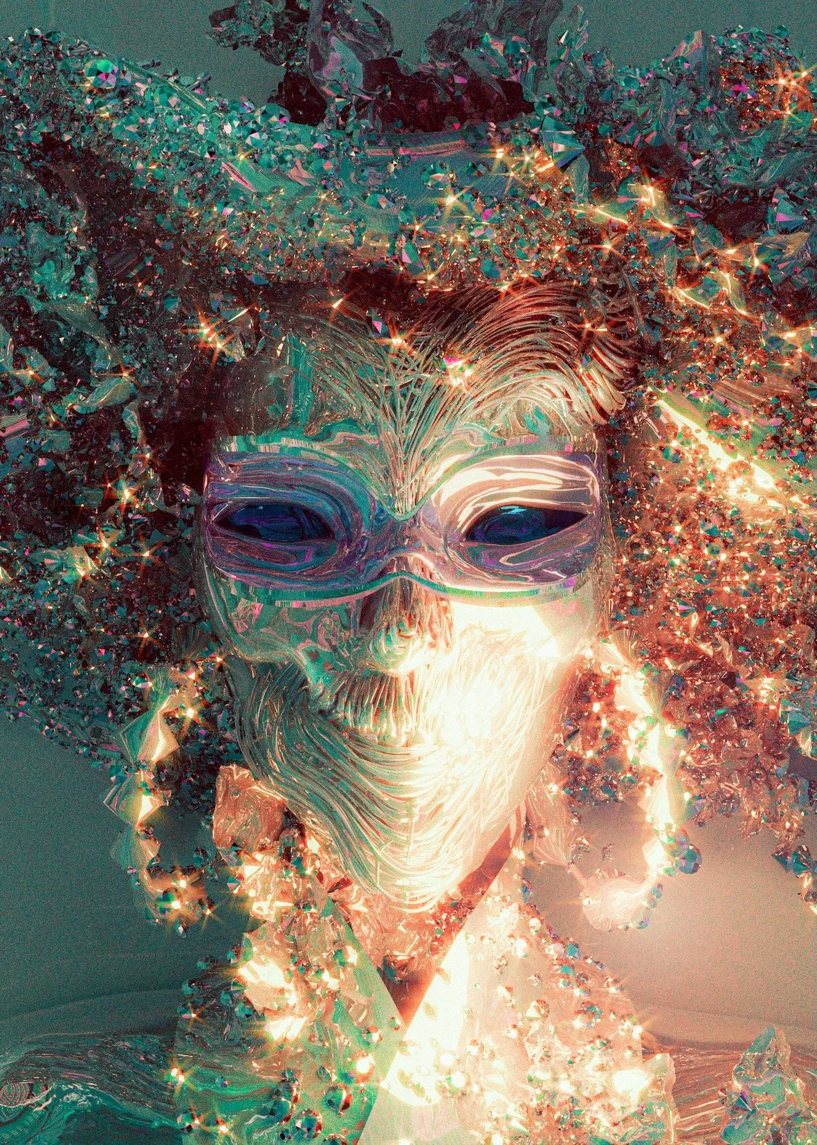 A neon-colored, digital illustration of a person wearing futuristic glasses, with a cosmic background filled with glittering particles and vibrant colors.