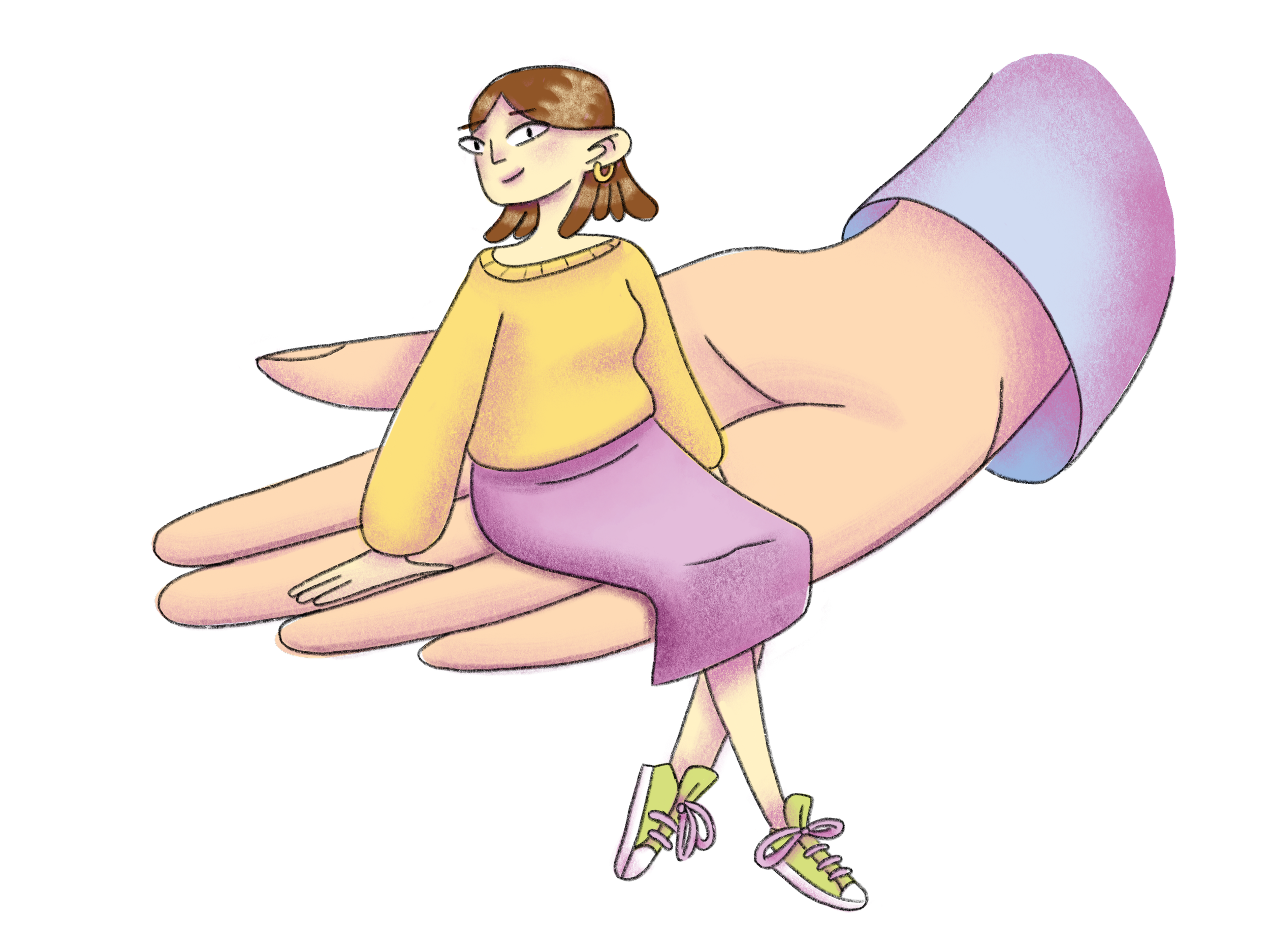 A cartoon illustration of a giant hand with a woman sitting on palm and finger. The woman has brown hair, wears a yellow sweater, purple skirt, and green sneakers. The giant hand is colored pink and purple.
