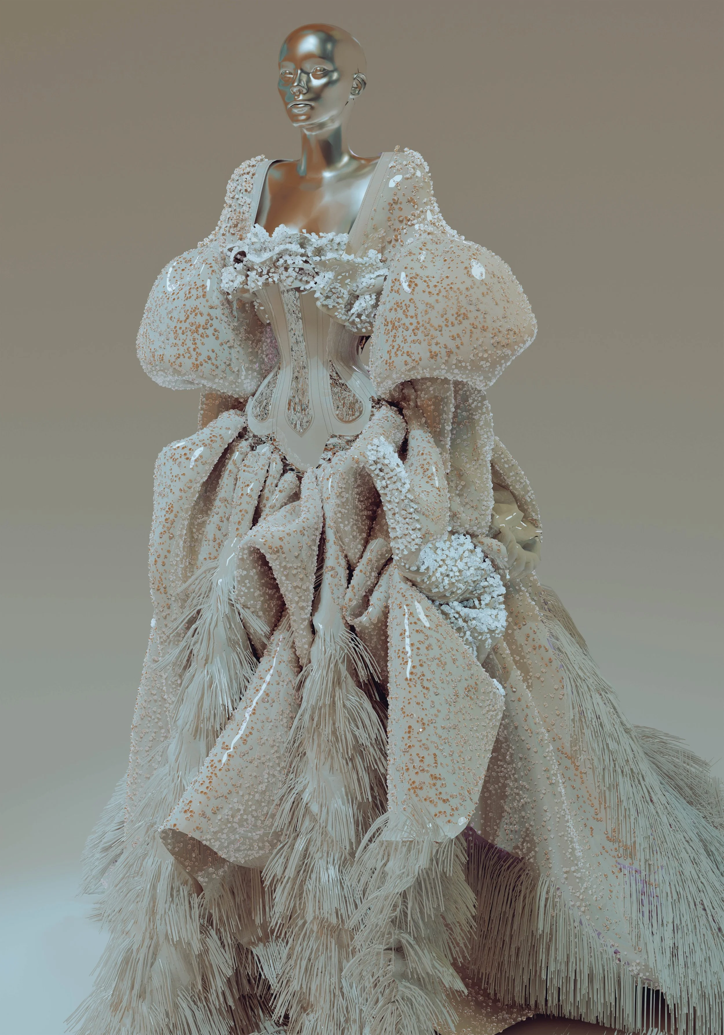 A metallic mannequin in an elaborate beige gown with textured fabric, large puffed sleeves, and feather details, set against a plain neutral background.