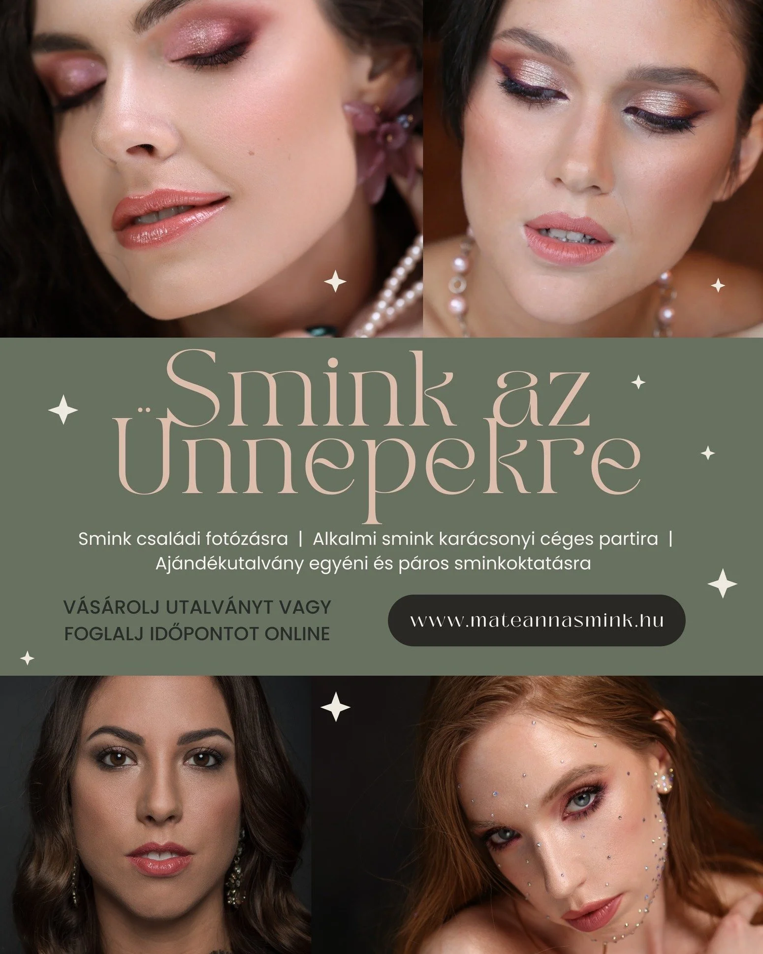 Szeretettel v&aacute;rlak benneteket alkalmi sminkre, egy&eacute;ni vagy p&aacute;ros sminktan&aacute;csad&aacute;sra az &Uuml;nnepi időszakban is.

🎄 Ha pedig kar&aacute;csonyra k&eacute;sz&uuml;lődve csal&aacute;di fot&oacute;z&aacute;sra k&eacute