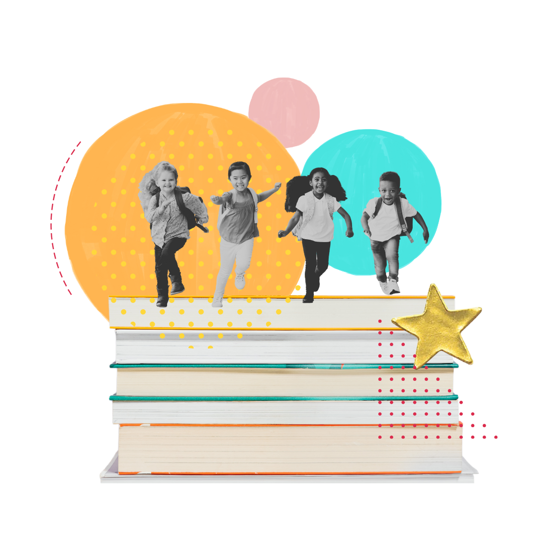 Four children with backpacks happily running on top of a stack of books, with colorful circles and a gold star decoration in a playful, digitally edited style.