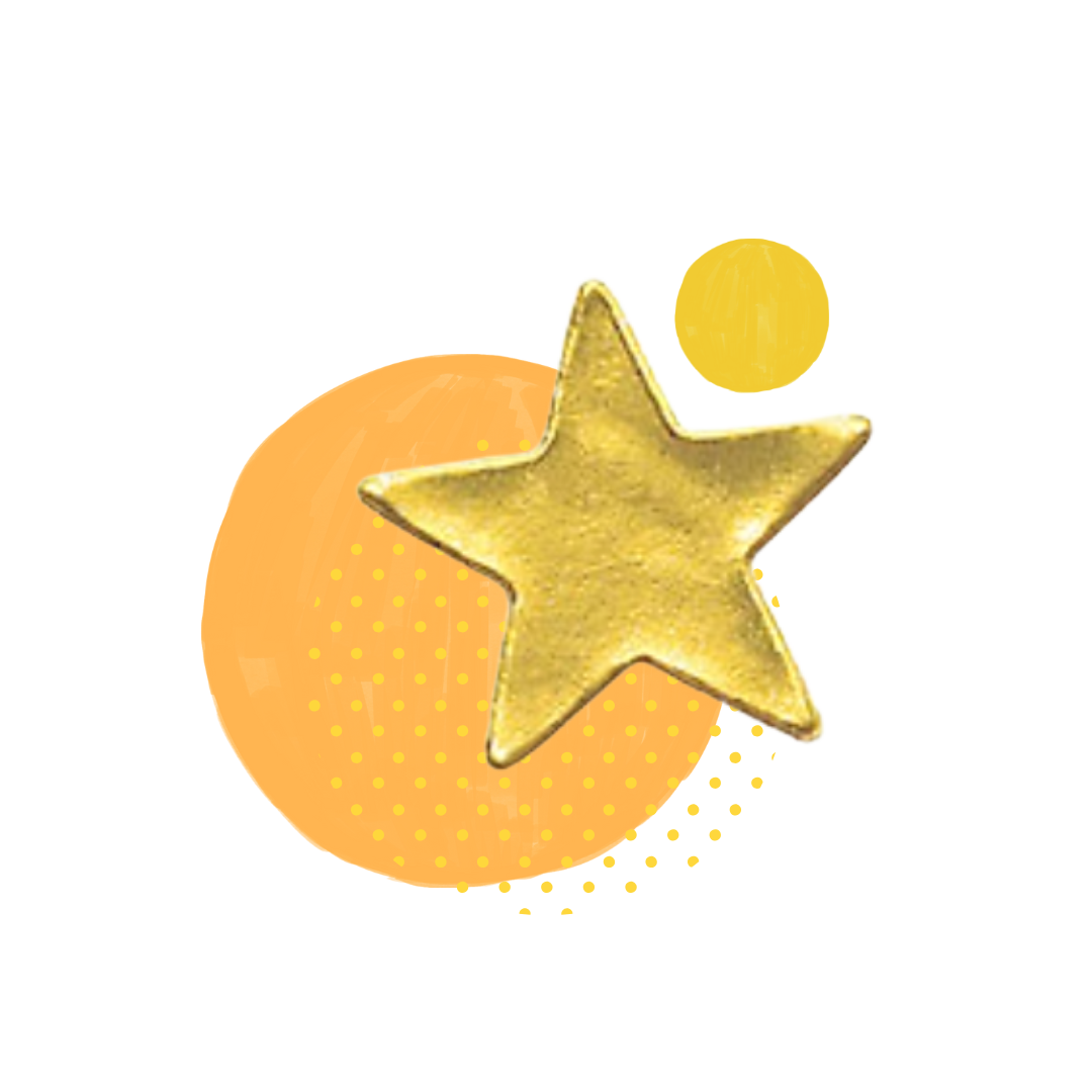 Digital illustration of a gold star, orange circle, and smaller yellow circle on a transparent background.