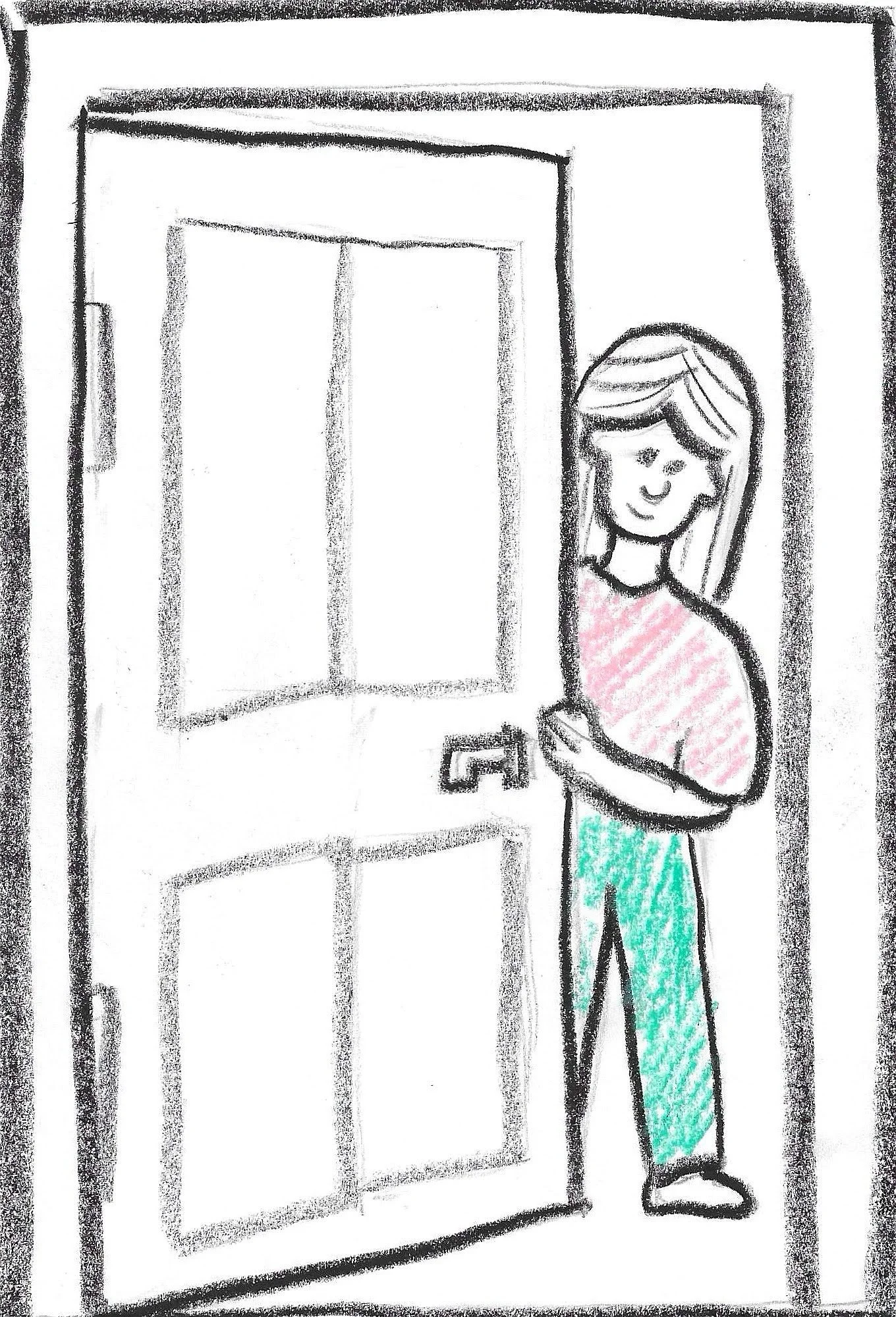 A hand-drawn illustration of a woman with glasses, smiling, standing by an open door, with her right hand holding the door handle. She has shoulder-length hair, a pink top, and teal pants.