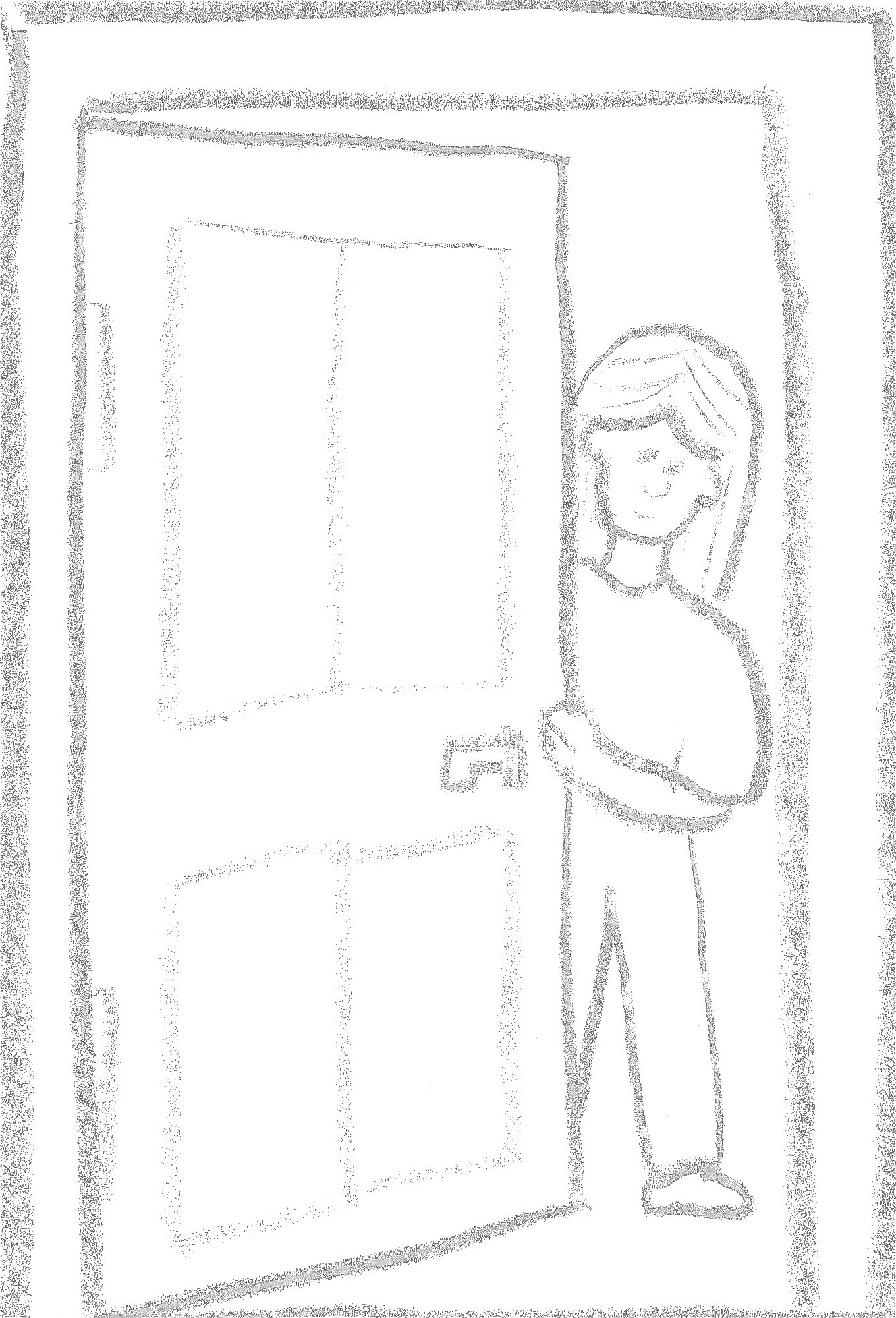 A simple, hand-drawn sketch of a person standing partially behind an open door, smiling with arms crossed, in a casual pose.