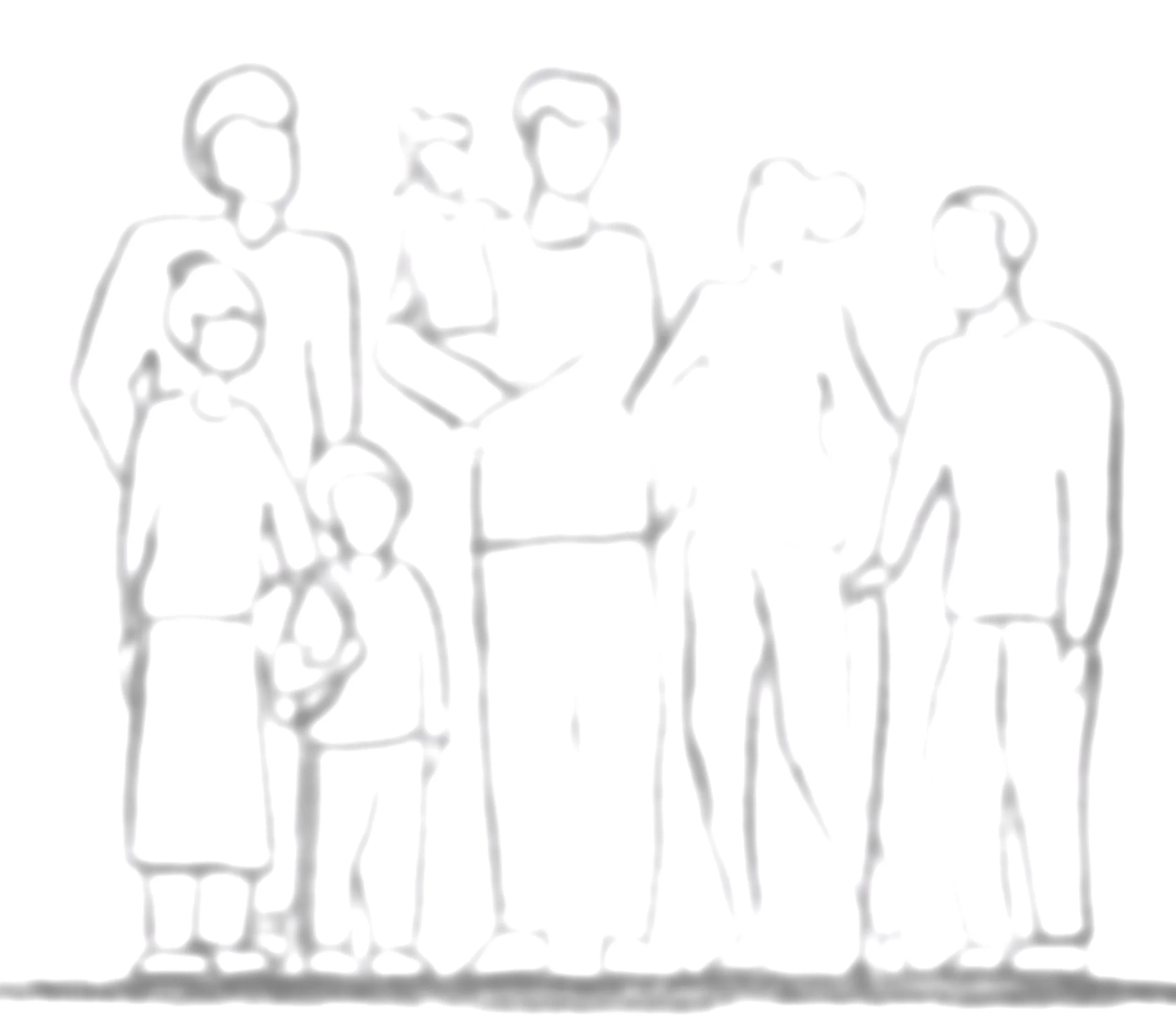 Outline drawing of a diverse family group with adults and children standing together.