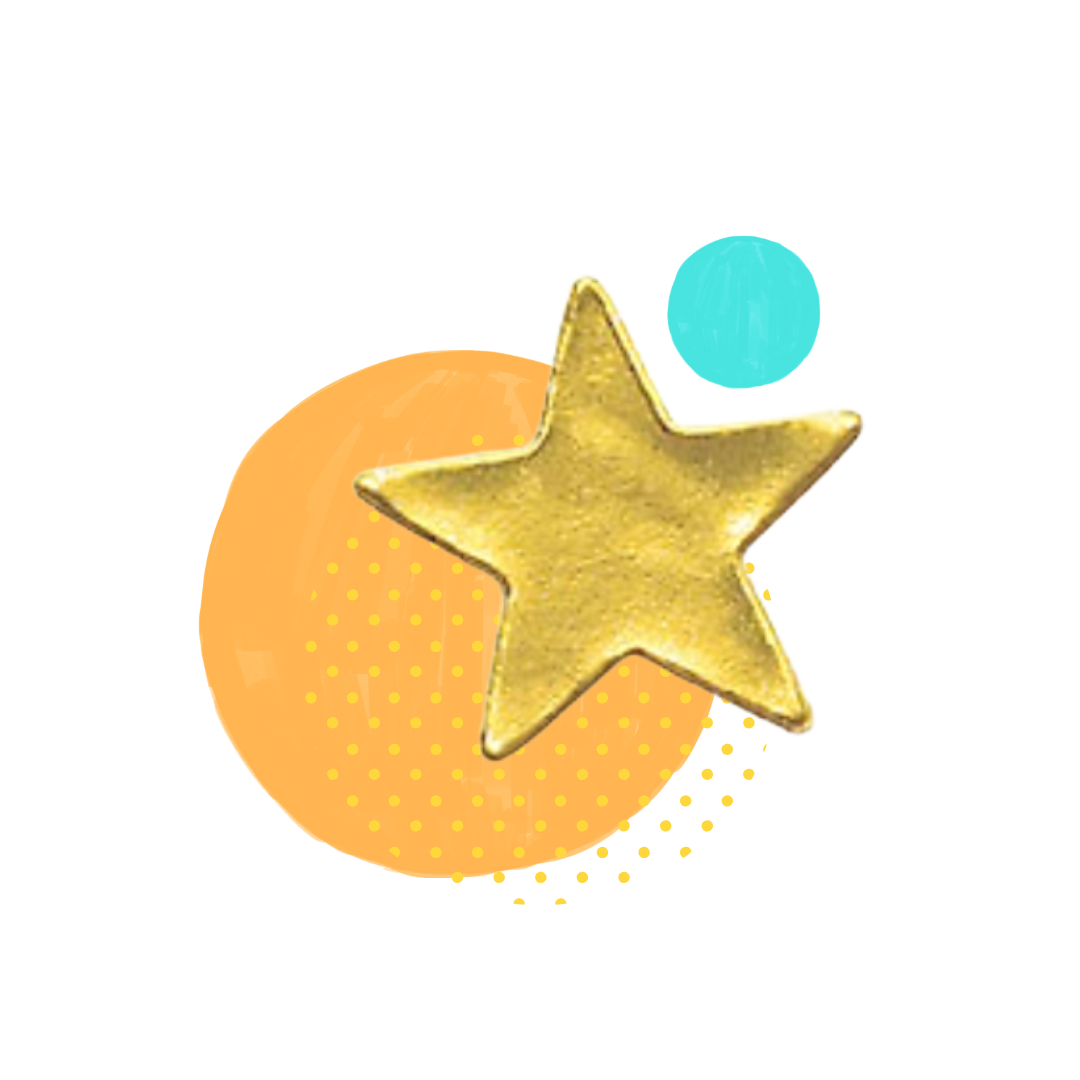 Colorful digital illustration of a gold star, a large orange circle, a small blue circle, and a light blue circle on a transparent background.