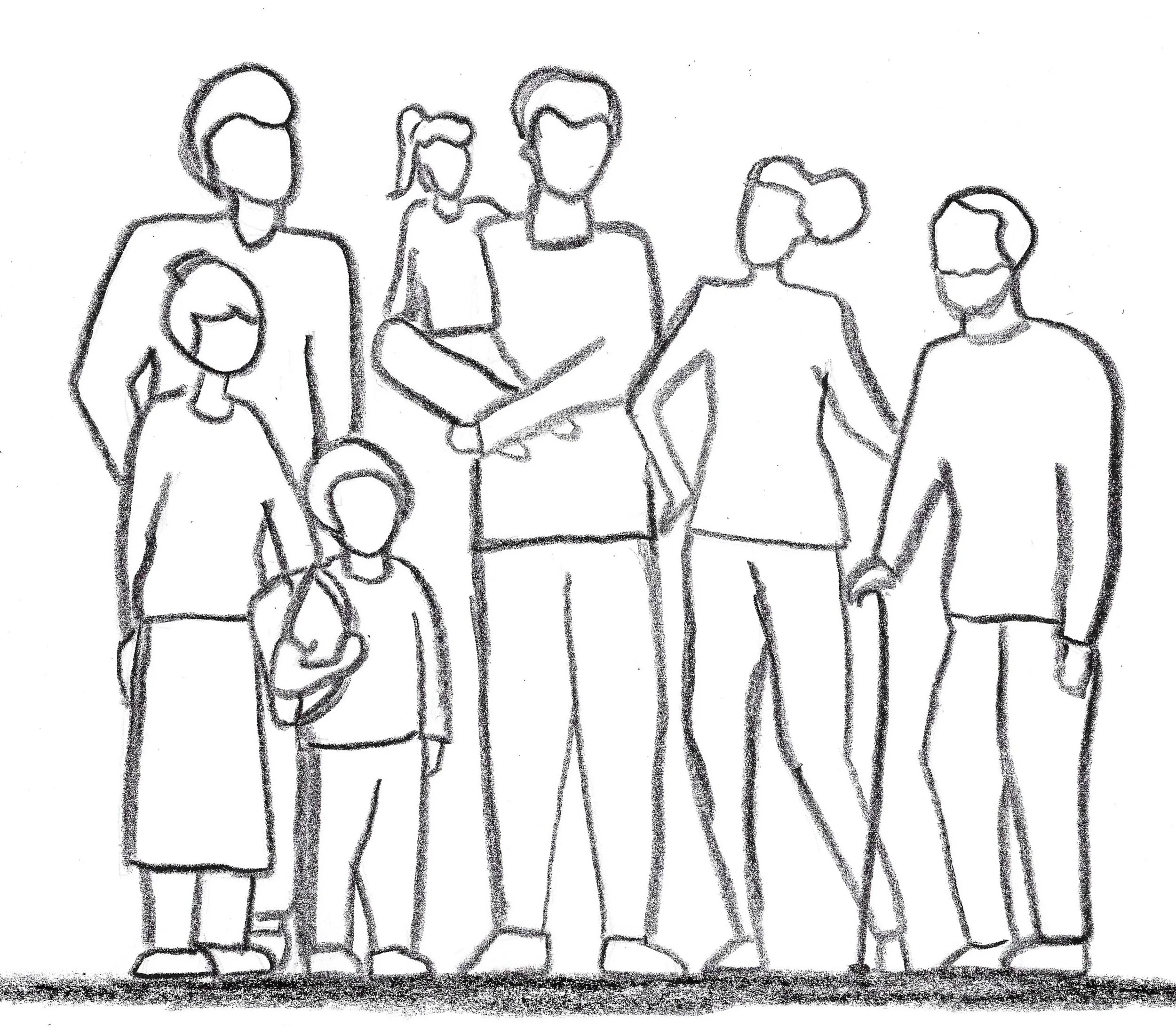 Sketch of a diverse group of seven people standing together; members are of different ages and genders, some are holding hands or with arms around each other, all without facial features.