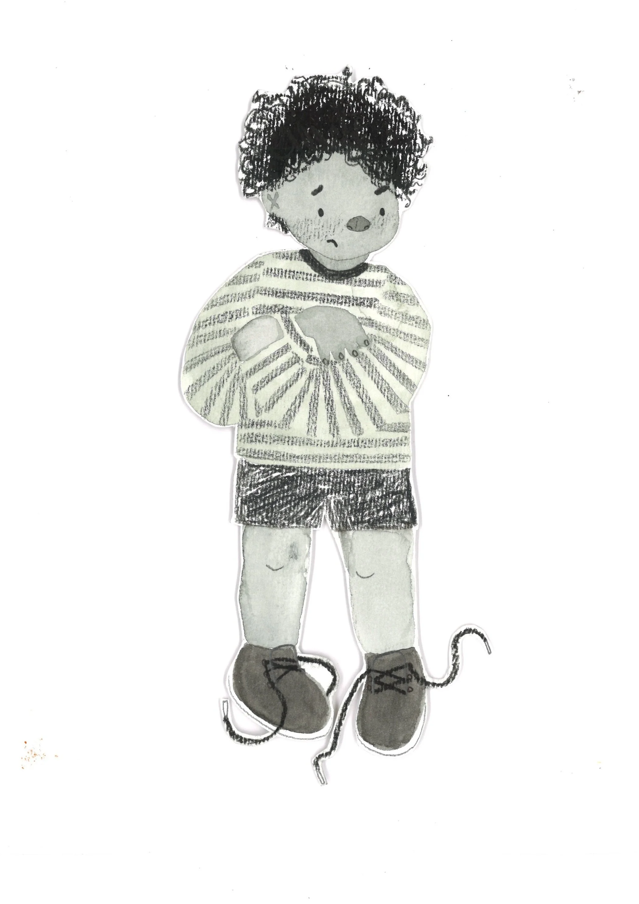 A black and white sketch of a young boy with curly hair, wearing a striped long-sleeve shirt, shorts, and lace-up shoes. The boy has a sad or thoughtful expression, with his arms crossed and a small tail visible behind him.