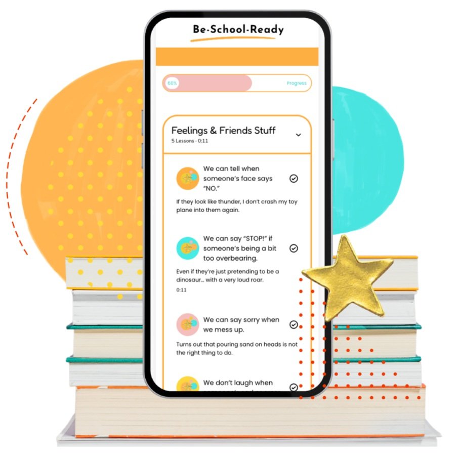 Illustration showing a smartphone displaying an educational app called 'Be-School-Ready' focused on social skills lessons for kids. The phone is set against a background of stacked books with colorful abstract shapes and a gold star decoration.
