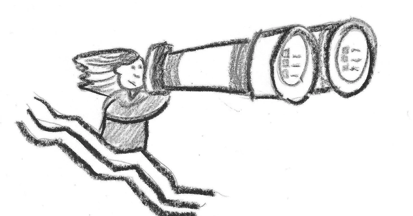 A girl with long hair sitting on a bench, looking through a large telescope.