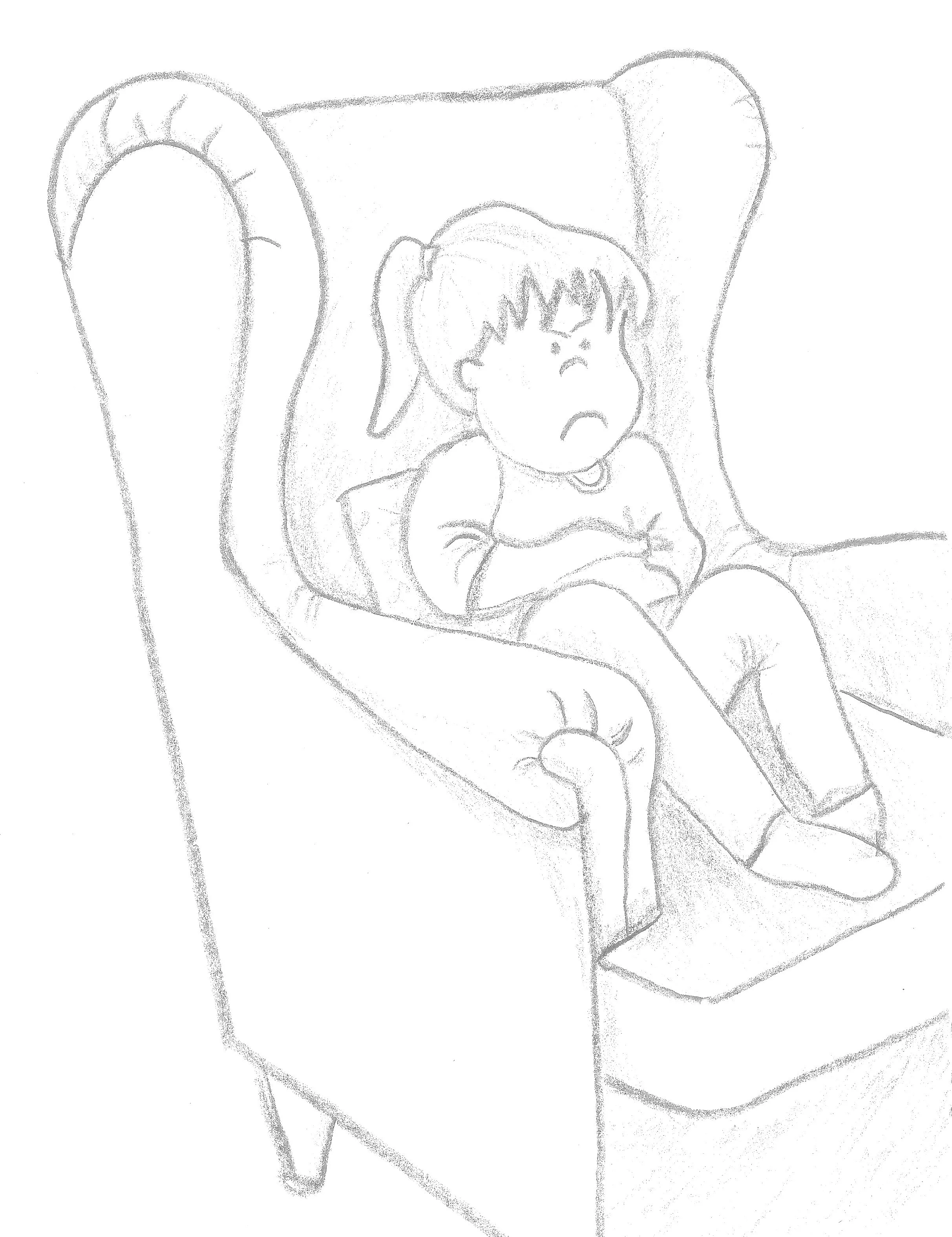 A hand-drawn sketch of a young girl sitting in an armchair, looking upset or pouting, with her arms crossed and legs hanging down.