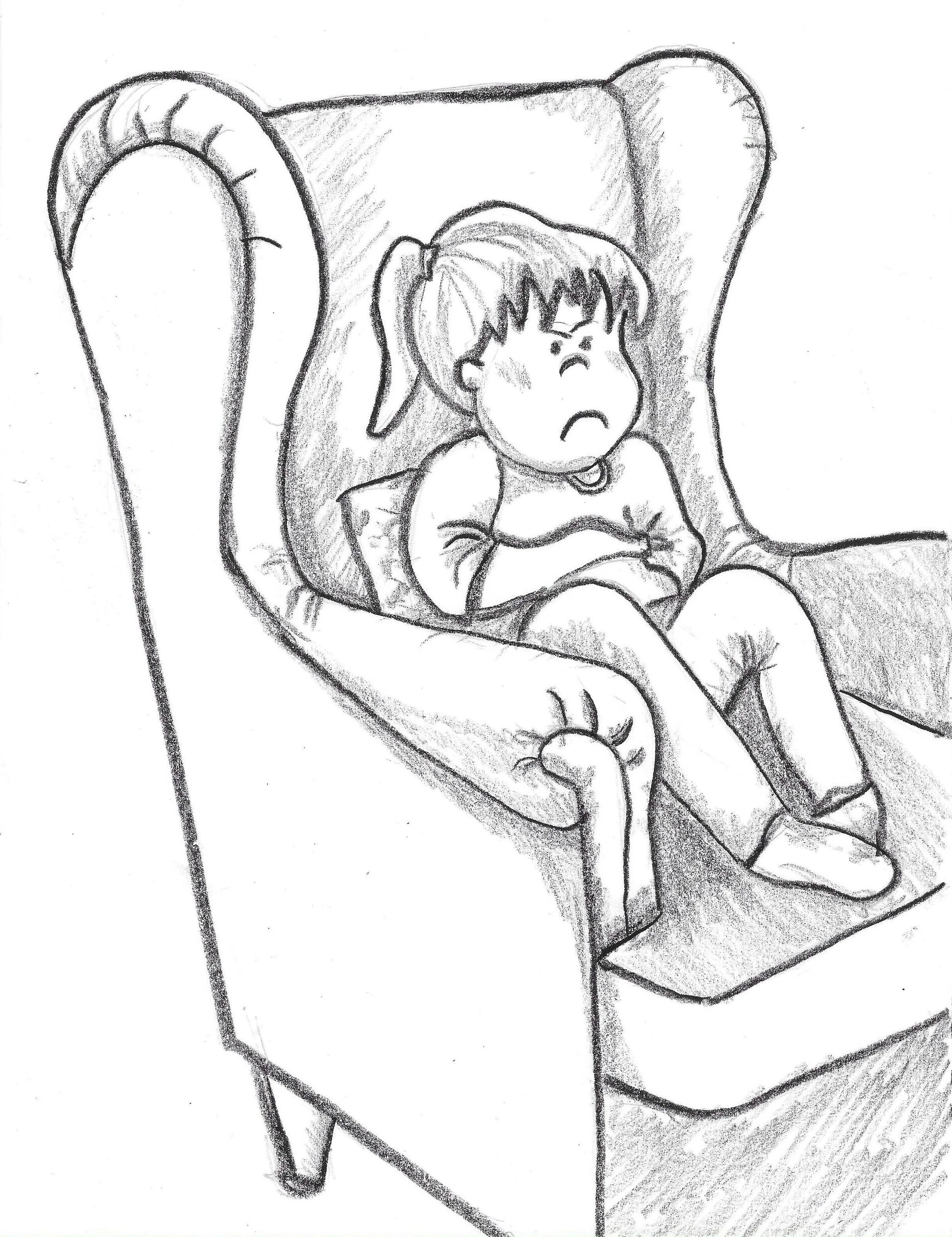 A sketch of a young girl with a ponytail sitting in a large armchair with an unhappy or annoyed expression.