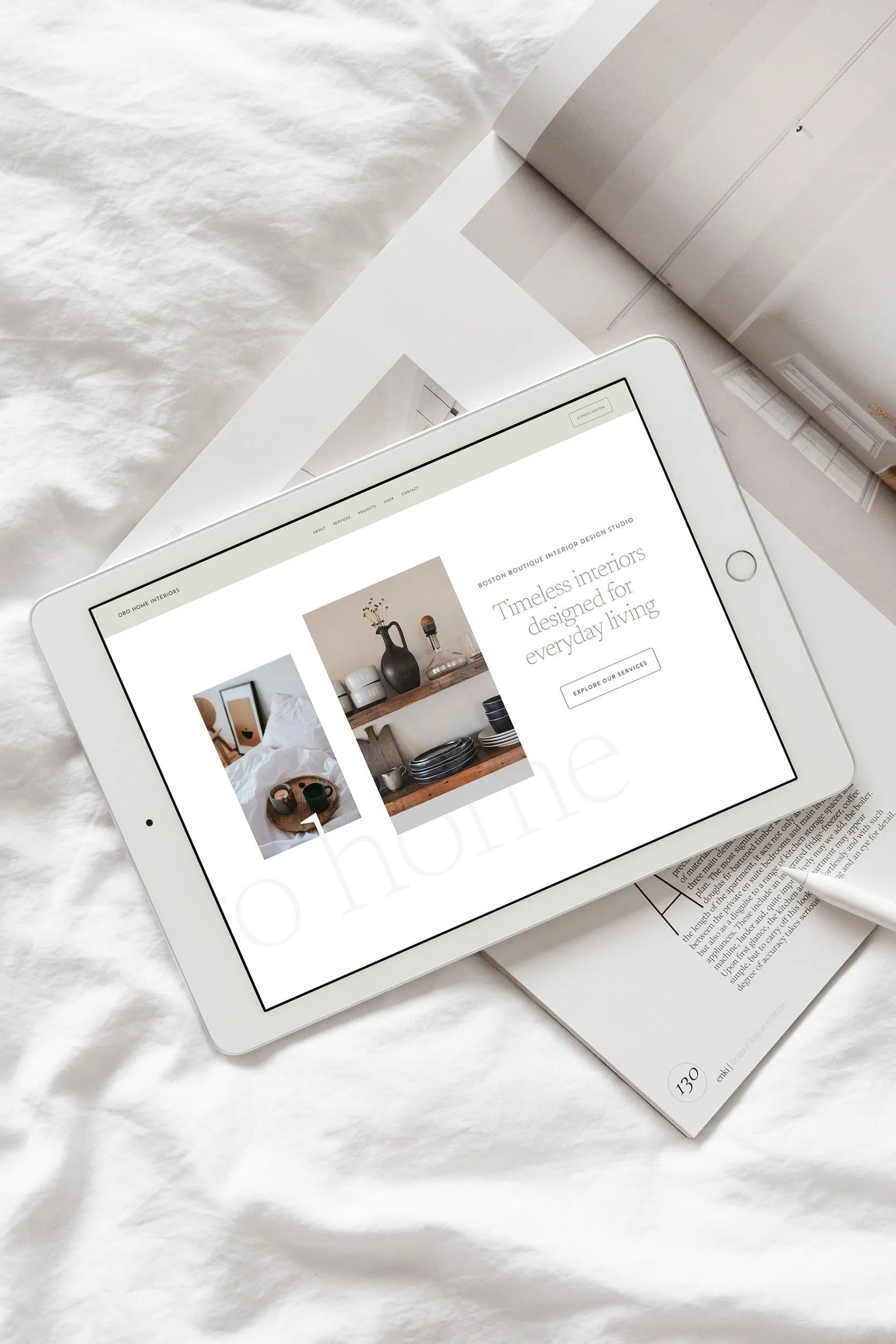 interior design website displayed on a white ipad