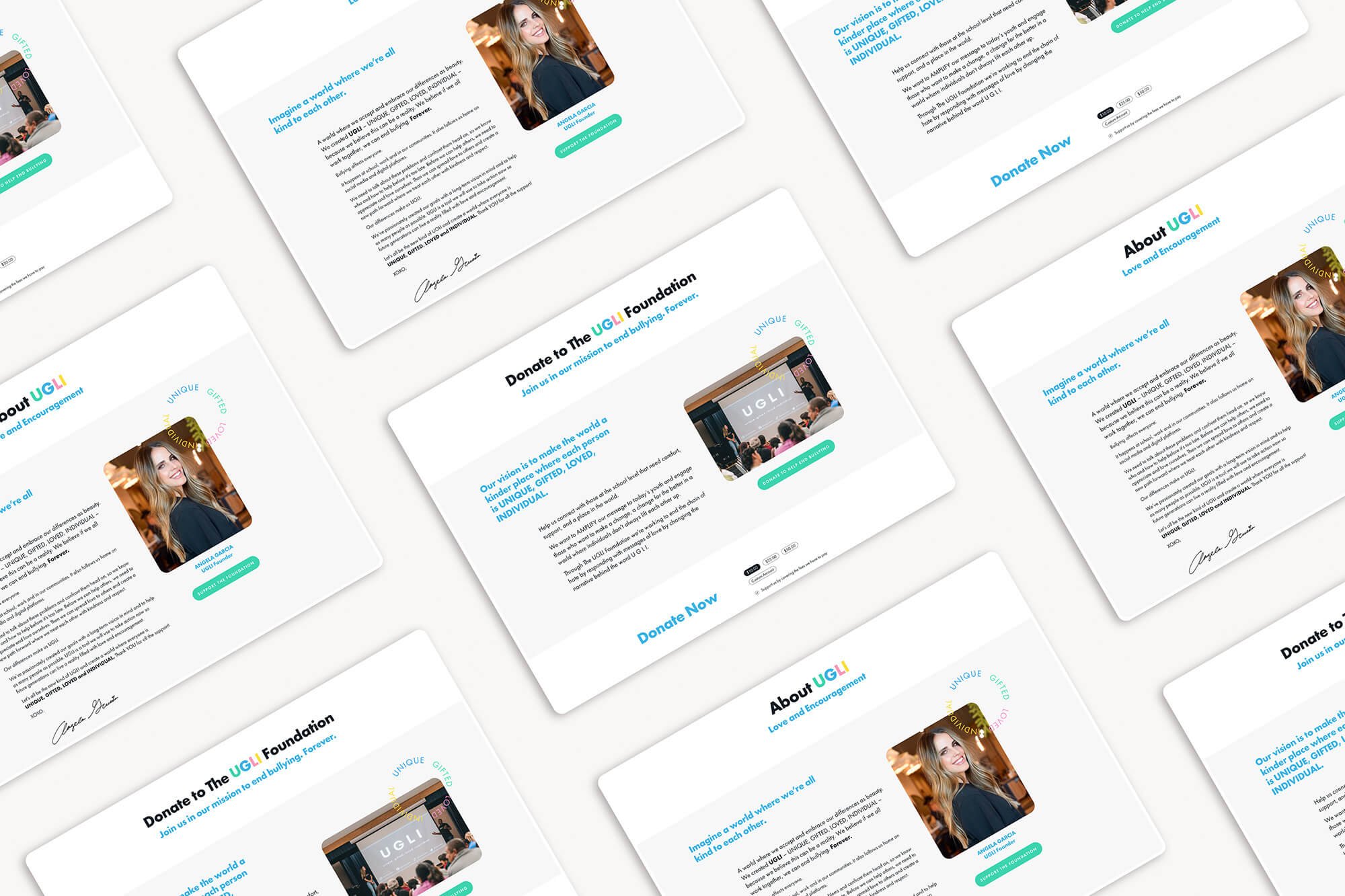 Repeating pattern of website pages featuring a photo, text about the UGI Foundation, and a “Donate Now” button on a white background.