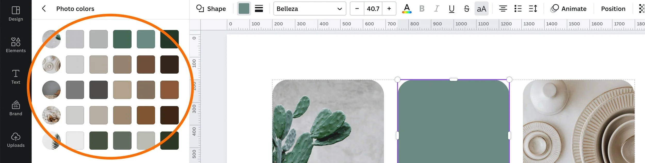 Screenshot of a design app showing a photo color palette on the left and a workspace with images and shapes on the right.