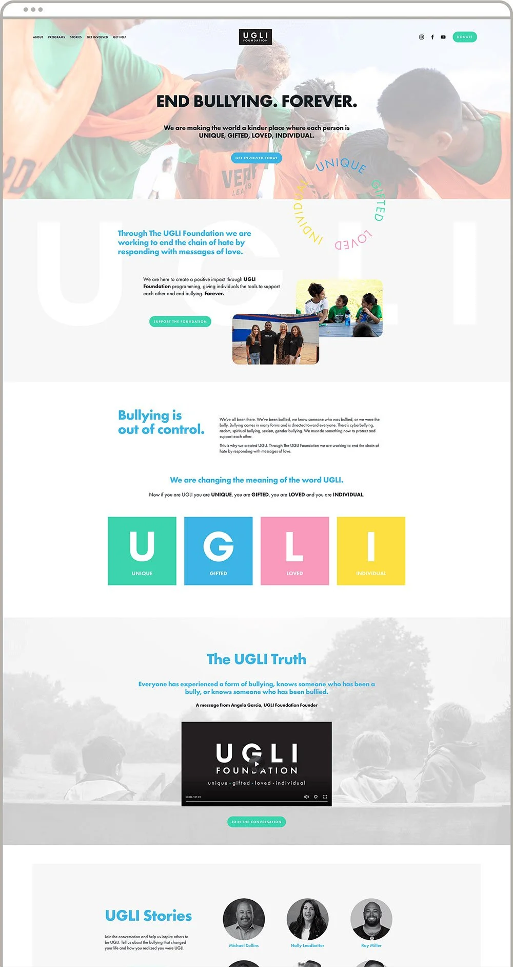 Homepage of the UGLI Foundation website with sections on ending bullying, their mission, and team member photos at the bottom.