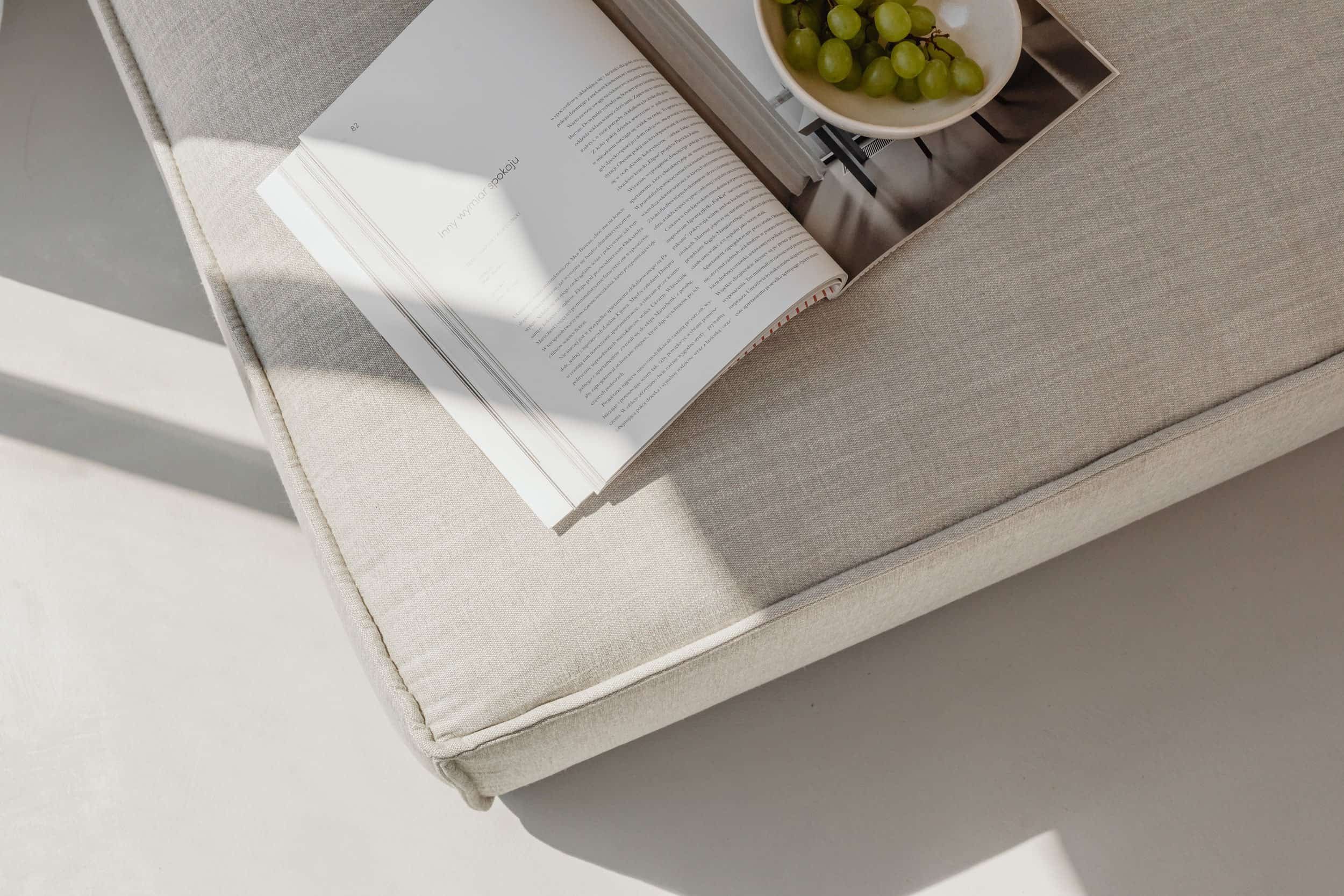 interior design books on sofa