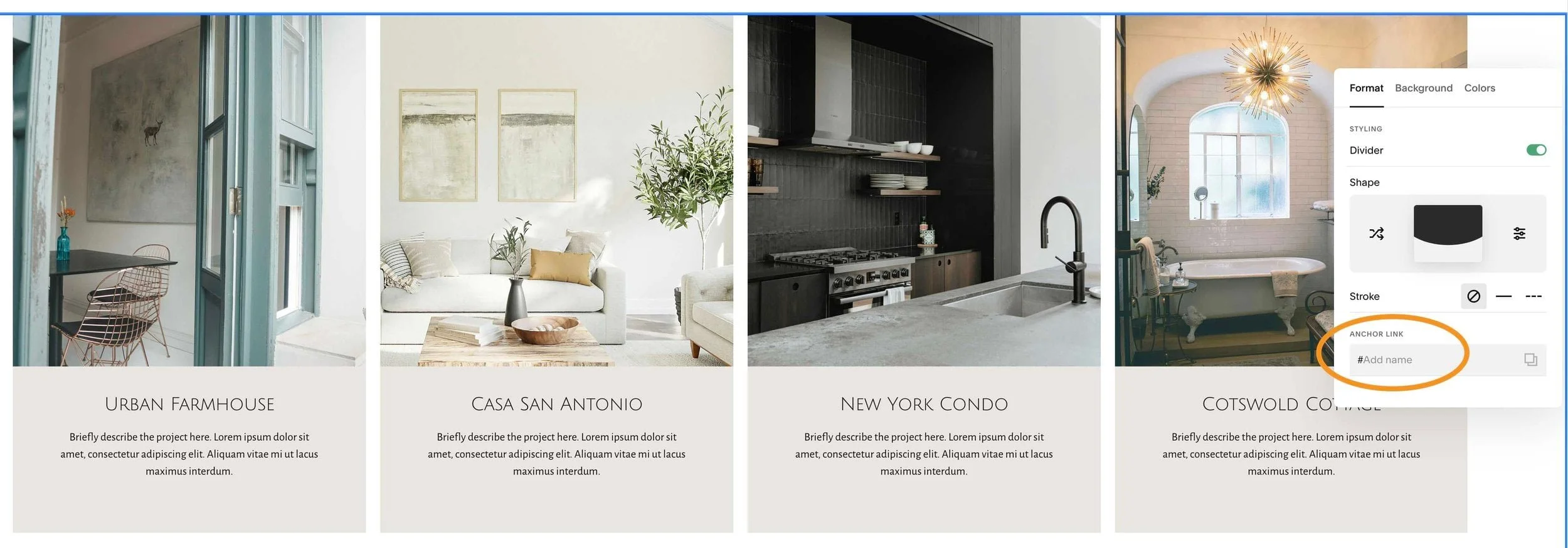 Four interior design styles: urban farmhouse, Casa San Antonio, New York condo, and Cotswold cottage, each with a sample room photo.