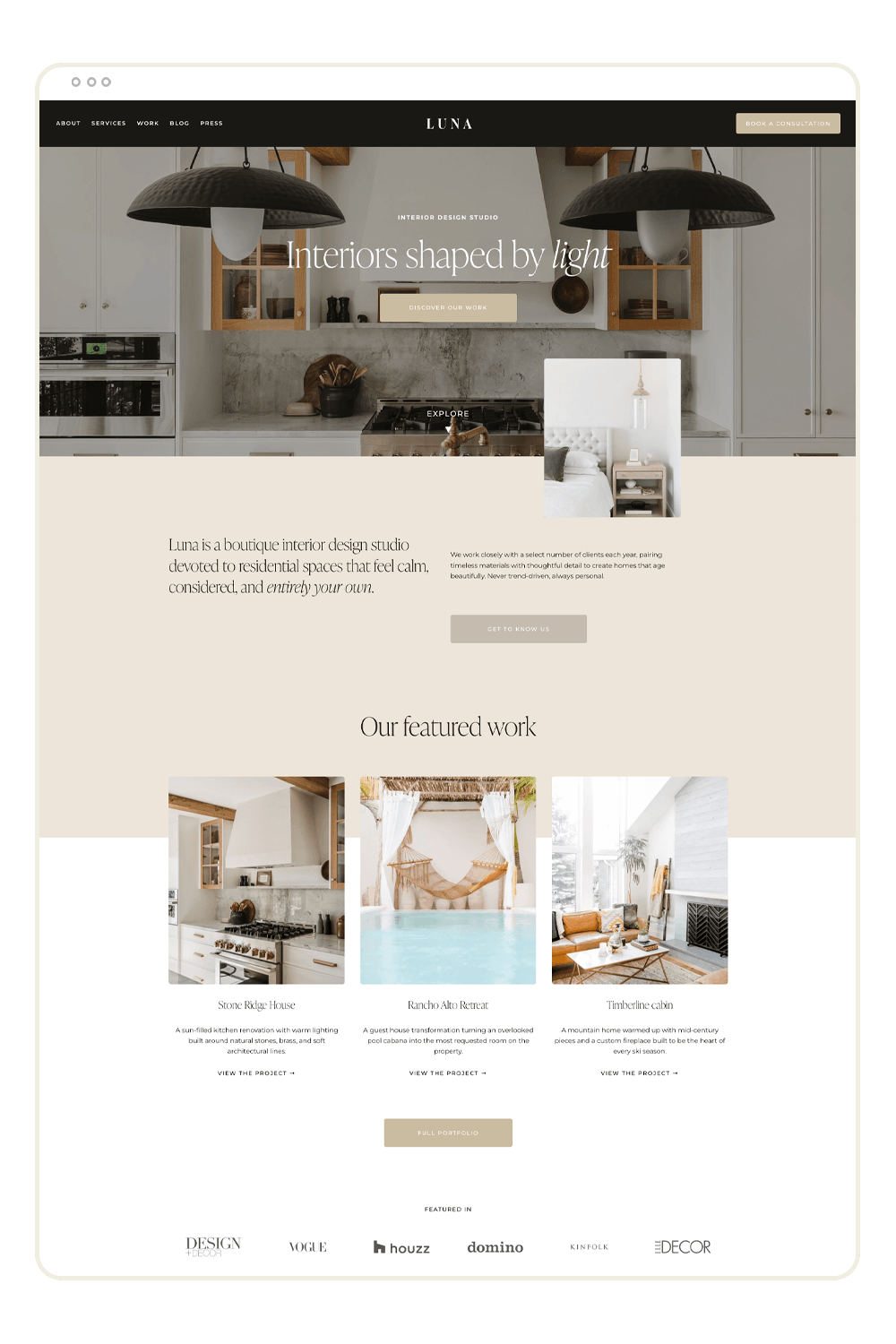 Modern interior design website with neutral colors, large kitchen photo, featured work section, and navigation bar at the top.