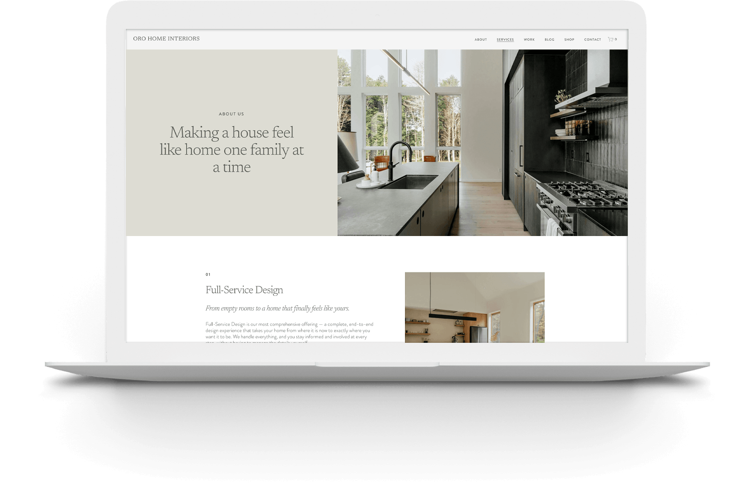 Screenshot of a website homepage for Oro Home Interiors, featuring a modern kitchen with large windows, a kitchen island, black cabinets, and a stove.