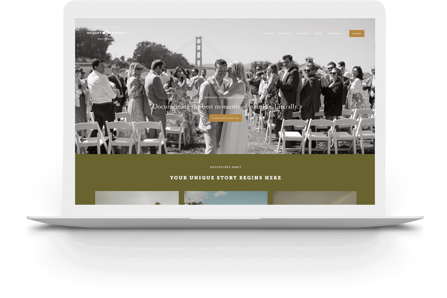 A laptop displays a wedding website featuring a bride and groom walking down an outdoor aisle with guests applauding.