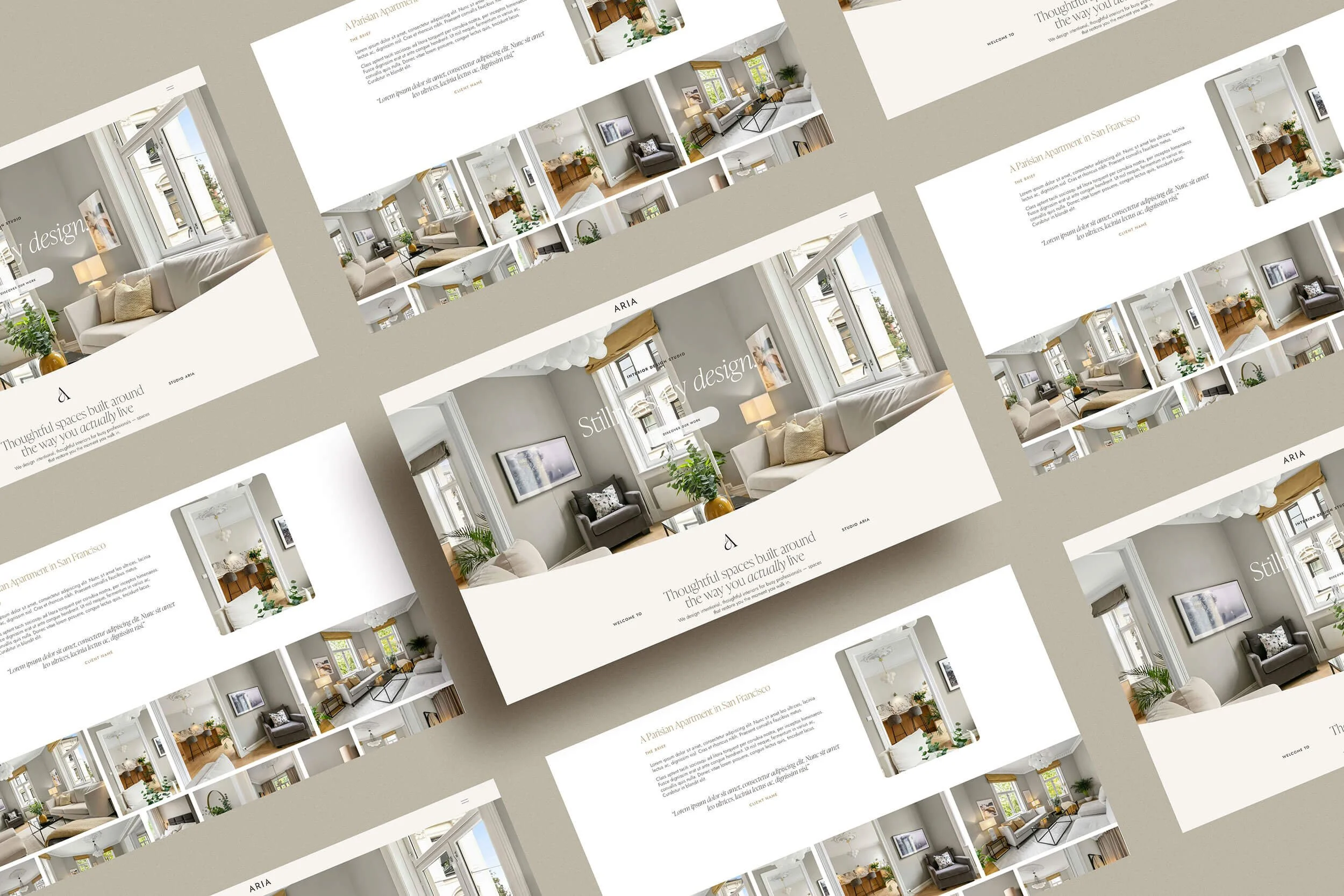 Multiple screenshots of a real estate website showcasing interior and exterior photos of a modern apartment with furnished living rooms, large windows, and decor. The pages include text about stylish spaces and apartment details in San Francisco.