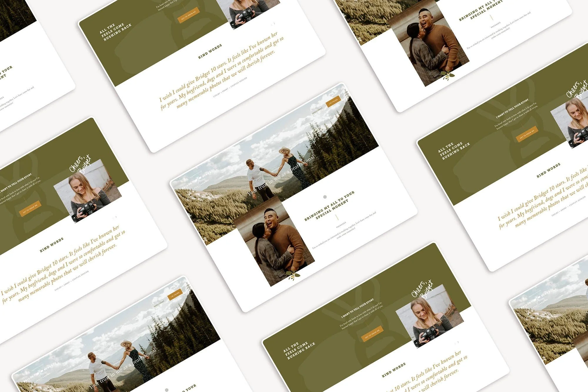 Multiple website mockups with olive green backgrounds, photos of couples outdoors, and white sections with quotes and buttons.