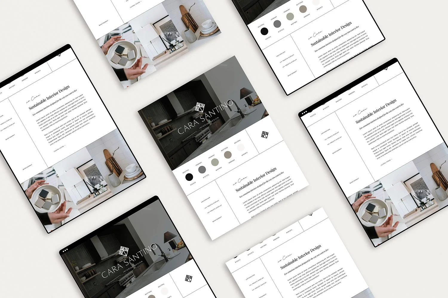 Multiple digital screens displaying interior design website or presentation with images of modern kitchens, color swatches, and aesthetic decor, laid out on a white surface.