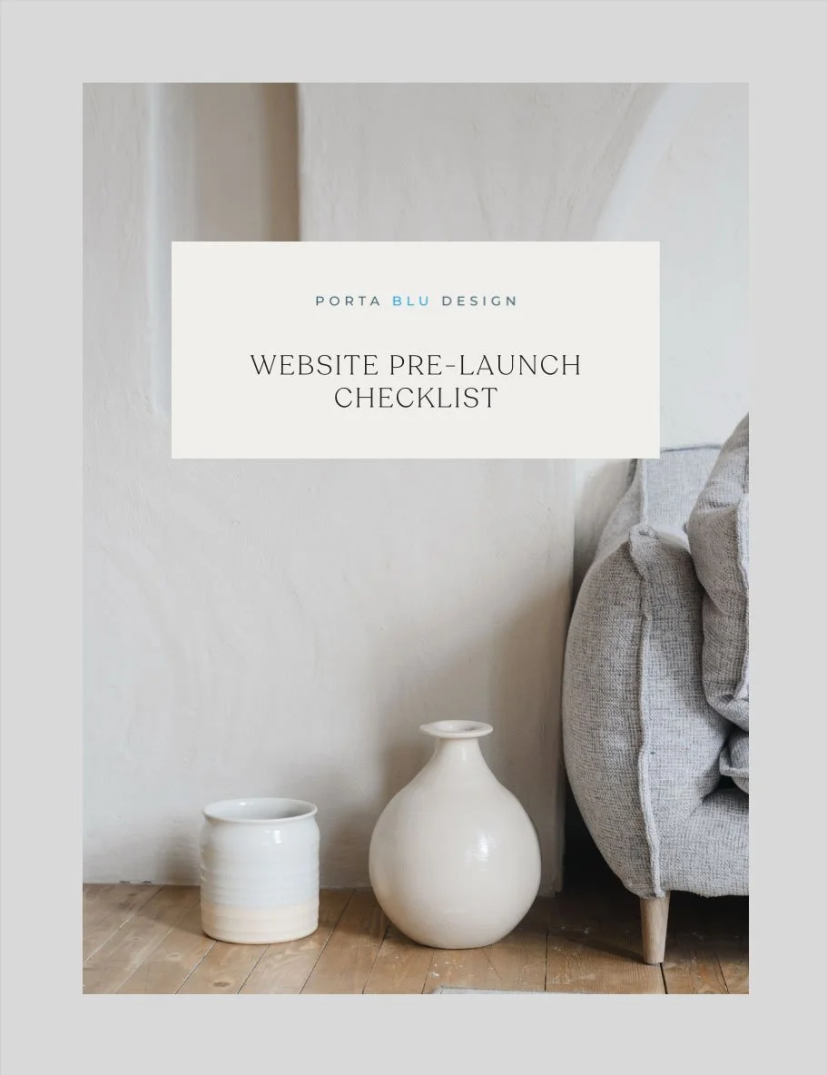 A guide titled 'Website Pre-Launch Checklist' by Port Blu Design, with a minimalist photo of two ceramic vases and part of a gray sofa in a neutral-colored room.