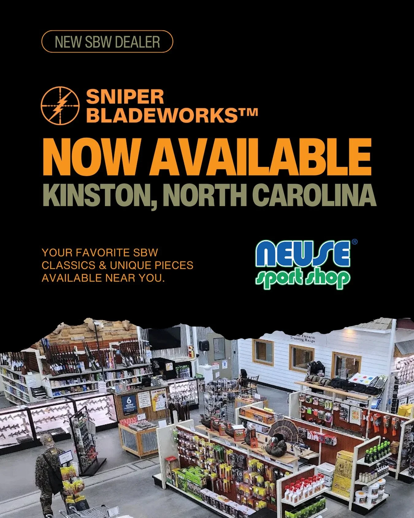 You can now shop our blades in person at @neusesportshop in Kinston and Cedar Point, North Carolina. We&rsquo;re excited to get our knives to you at one of the biggest, independently owned outdoor retailers in NC.

#sniperbladeworks #sbw #neusesports