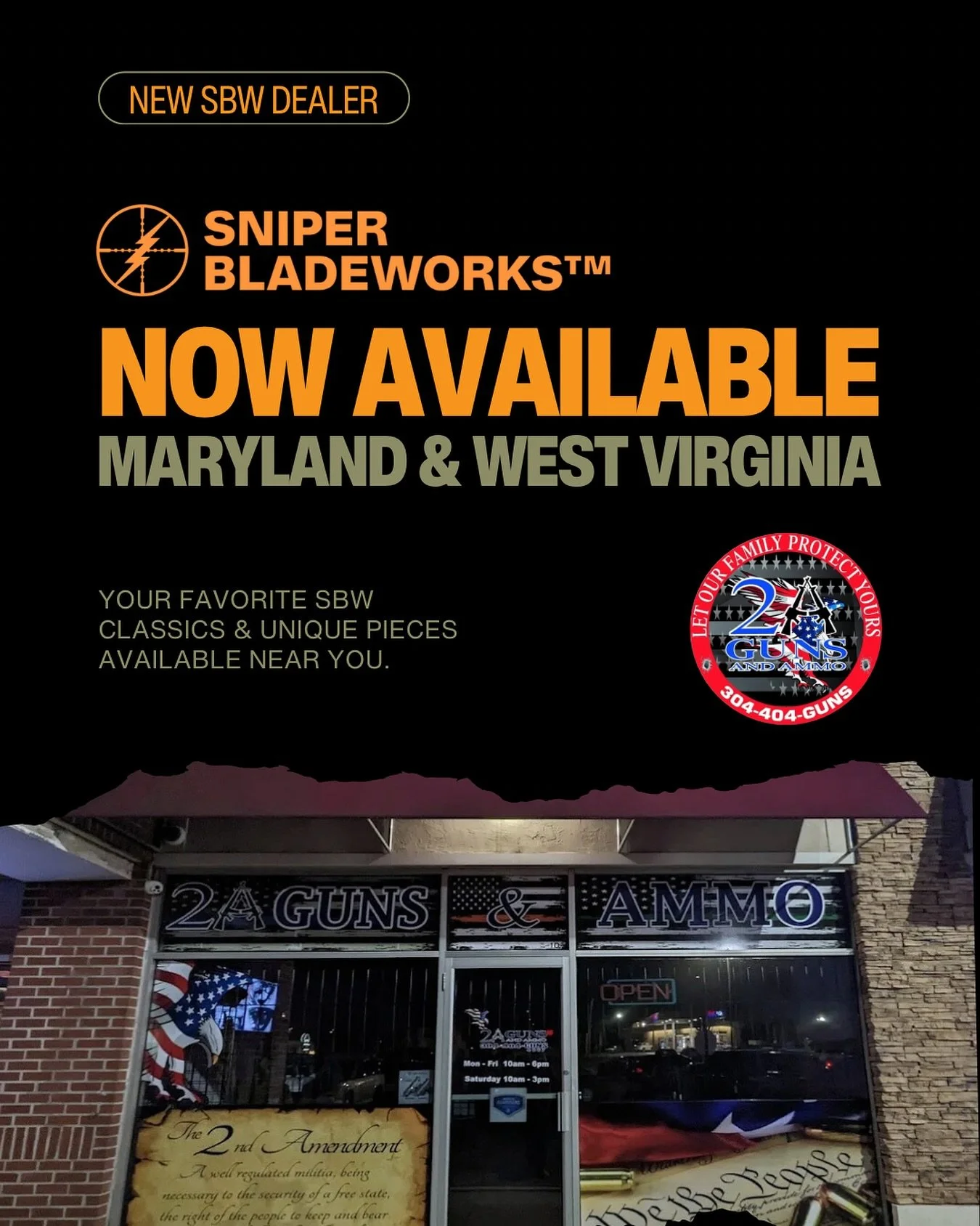We&rsquo;ve got a great new partner in 2A Guns &amp; Ammo for our WV/MD crew. 2A is locally owned and operated, starting in Martinsburg, WV. in 2020 and opening their 2nd location in Frederick MD in 2022.

#sniperbaldeworks #sbw #2agunsandammo #maryl