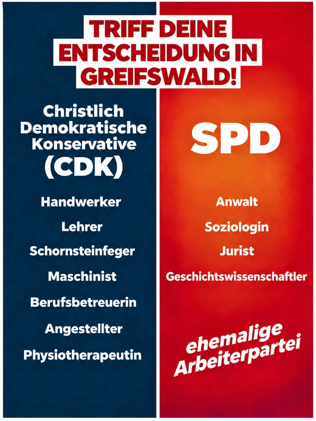 13.09.2026
Kleiner beruflicher Vergleich zwischen unserer Fraktion und der SPD in der Bürgerschaft in Greifswald. 