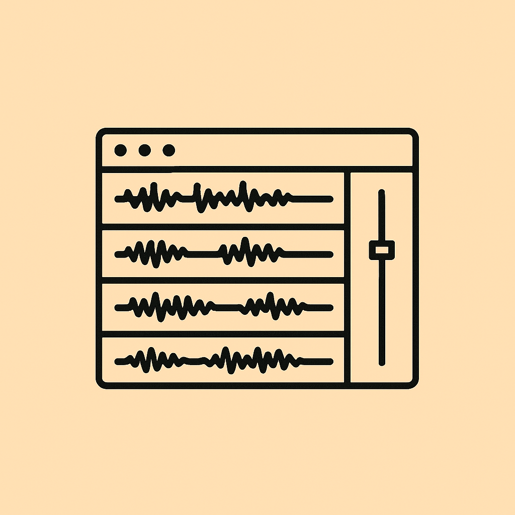 Line art icon of a digital audio workstation with audio tracks and a volume slider.
