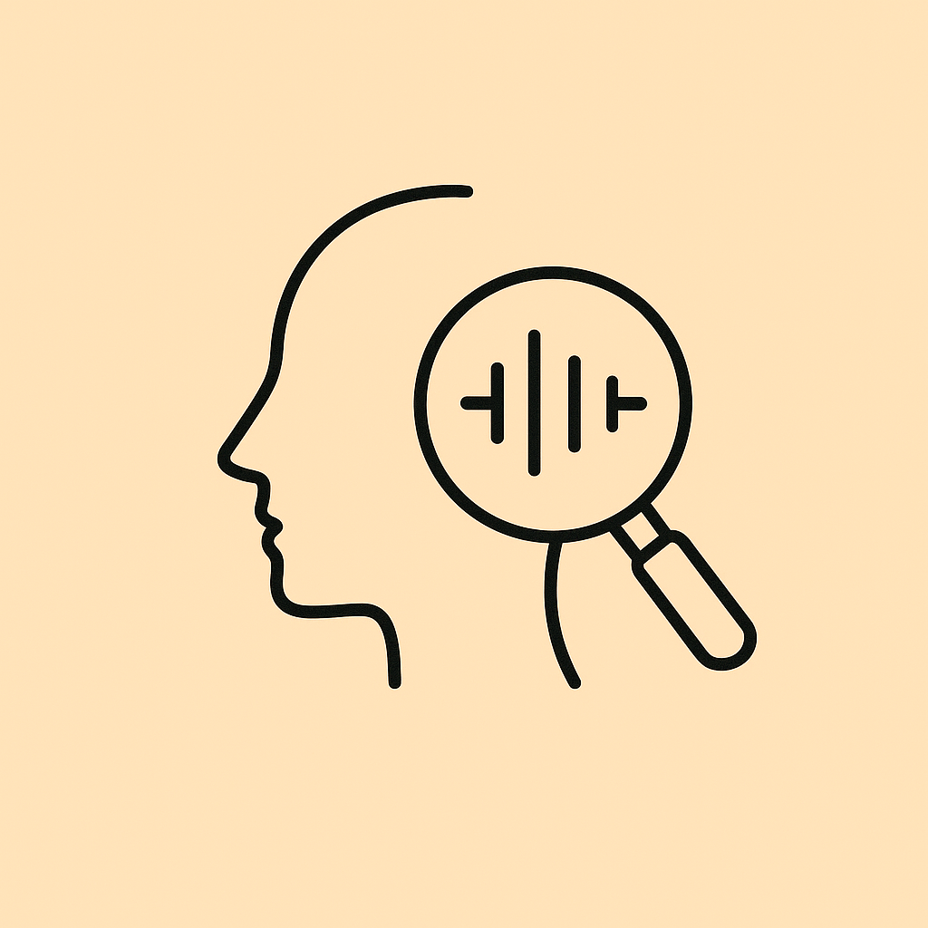 Line drawing of a human head profile with a magnifying glass showing sound wave patterns.