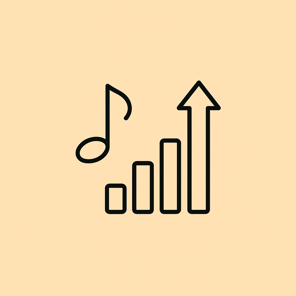 Music note and increasing bar graph with upward arrow.