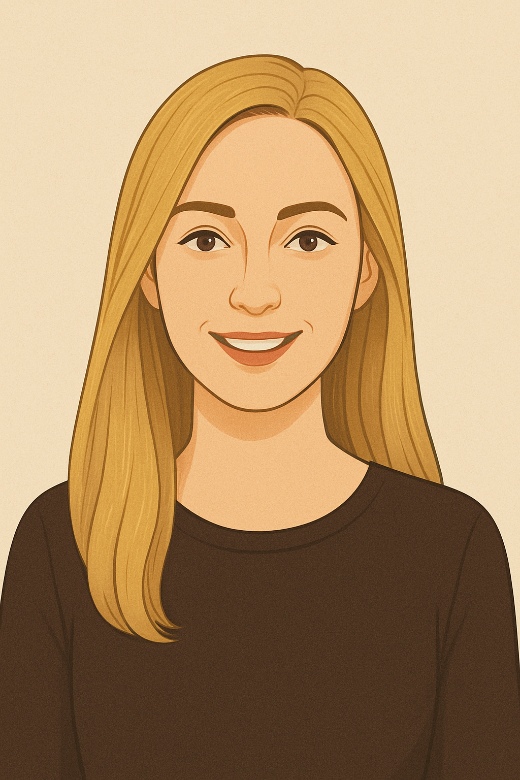 Front view of a young woman with long blonde hair, smiling, wearing a black shirt with a round neckline.