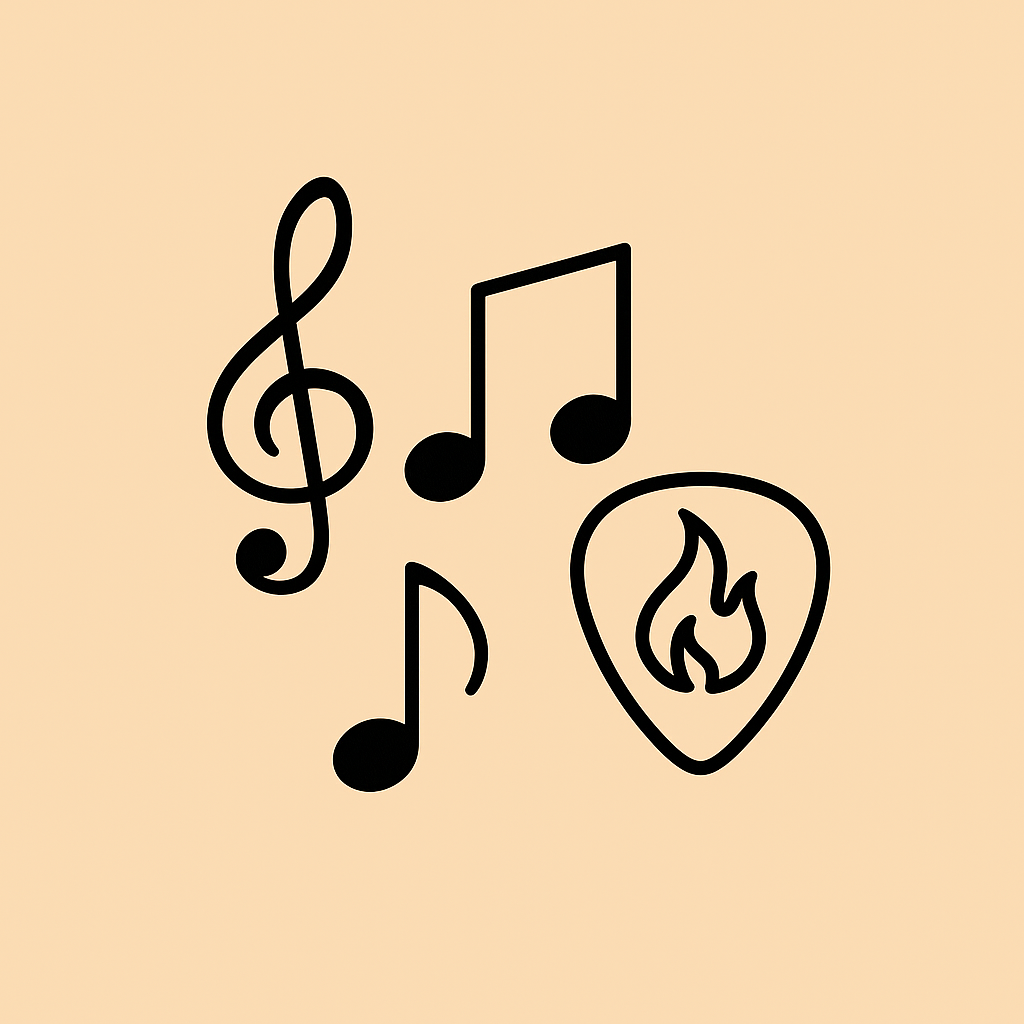 Silhouette of musical notes and a location marker with a flame inside on a beige background.