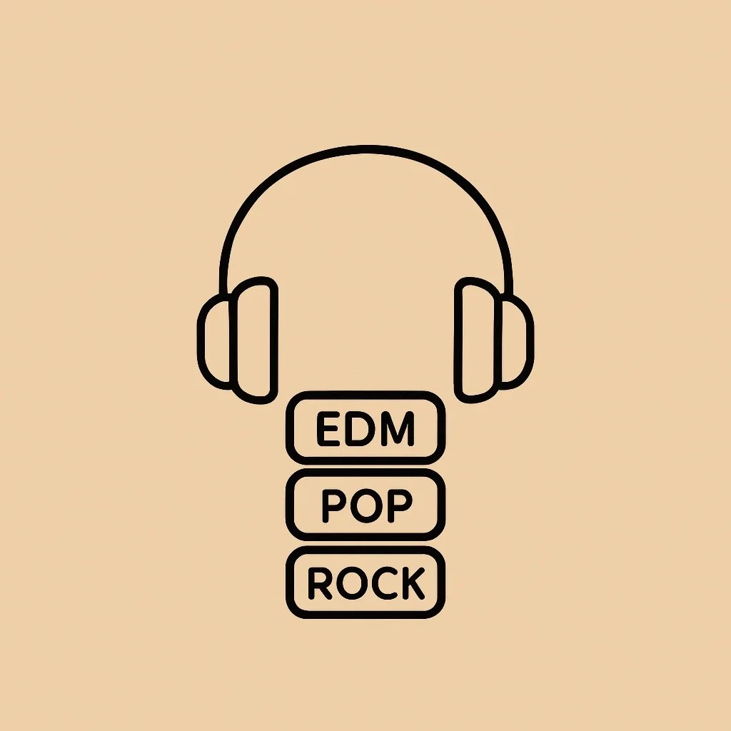 Line drawing of a headphone with three boxes beneath it labeled EDM, POP, and ROCK on a beige background.