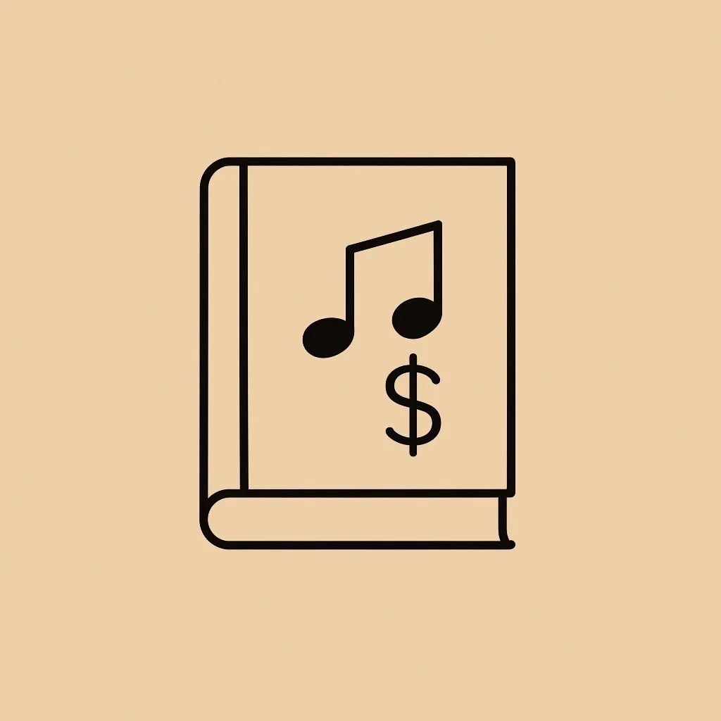Outline of a book with a musical note and dollar sign on the cover.