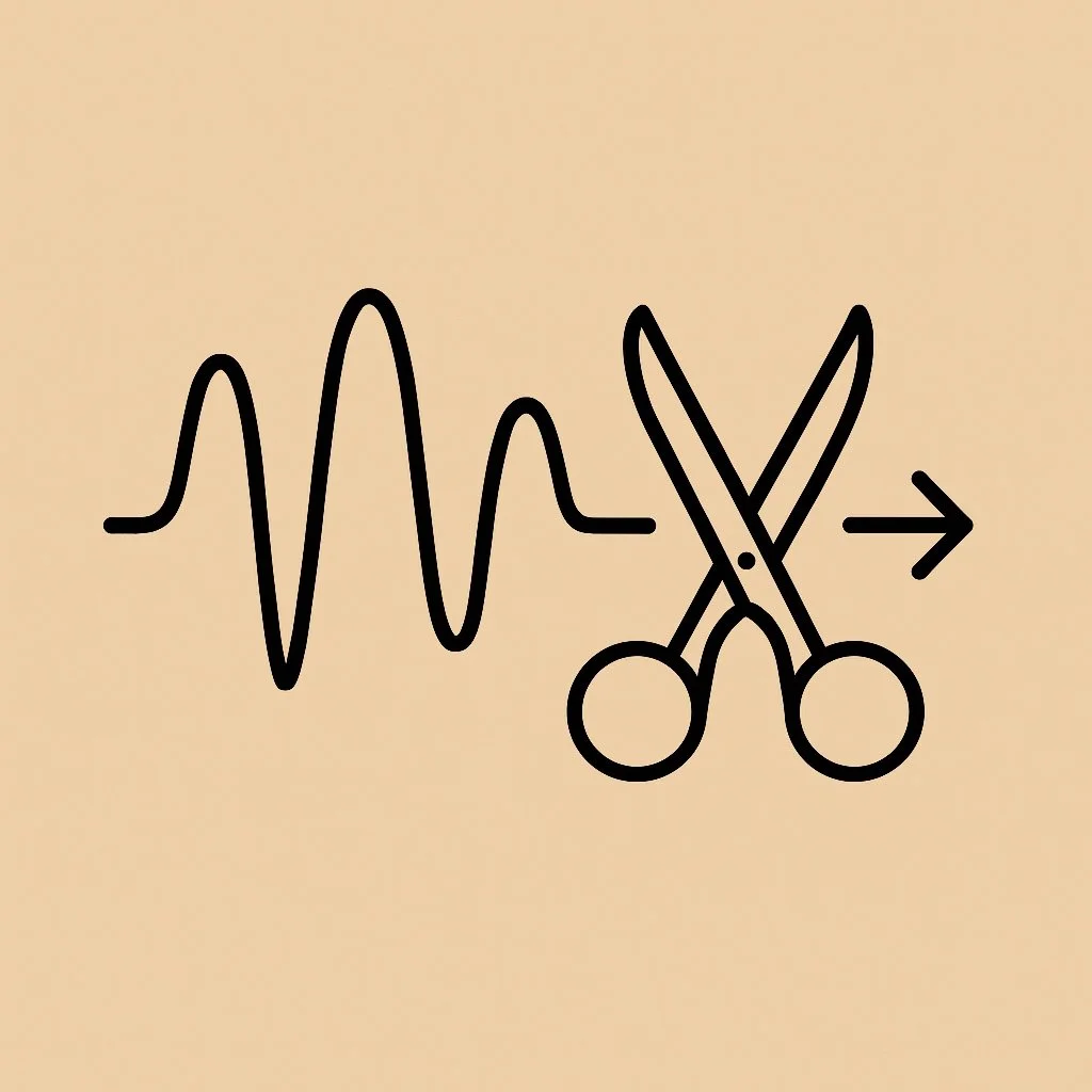 An illustration combining a waveform and a pair of scissors with an arrow pointing to the right.