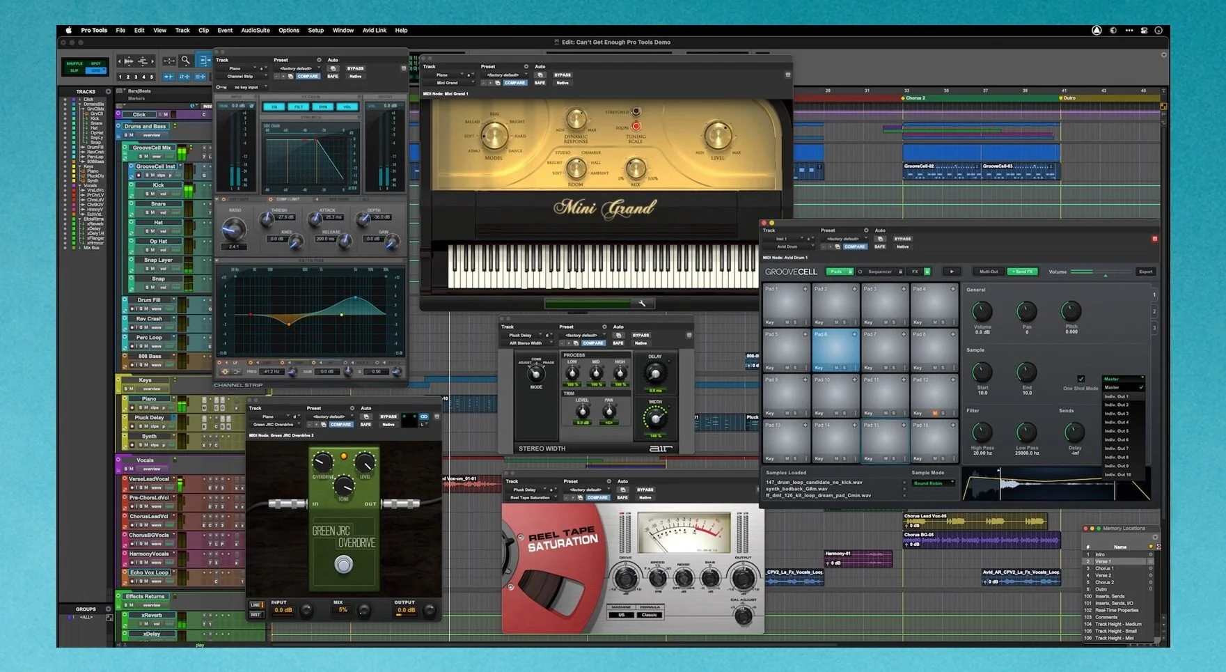 Screenshot of a digital audio workstation (DAW) with various tracks, plugins, and virtual instruments open, including a Mini Grand piano plugin and a GrooveCell sampler.