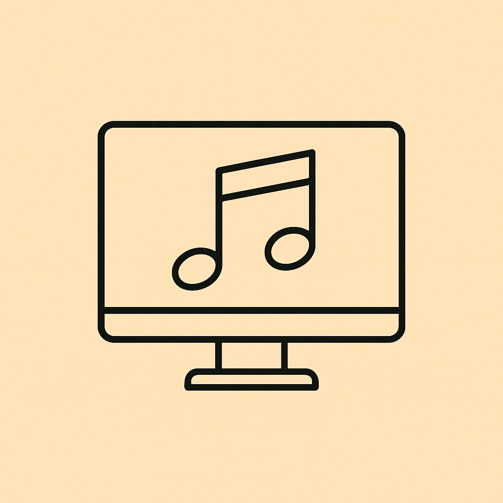 Line drawing of a computer monitor displaying a music note icon.