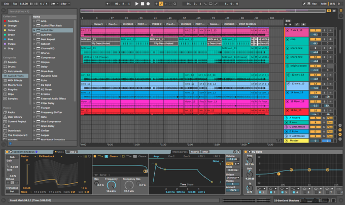 Screenshot of a music production software interface showing a multi-track project with various audio and MIDI tracks, effects, and settings.